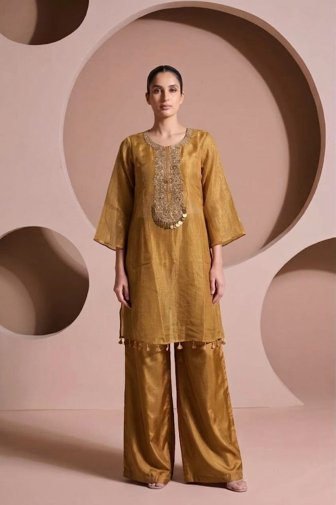 Mustard Yellow Embellished Shimmer Tissue Silk Co-Ord Set