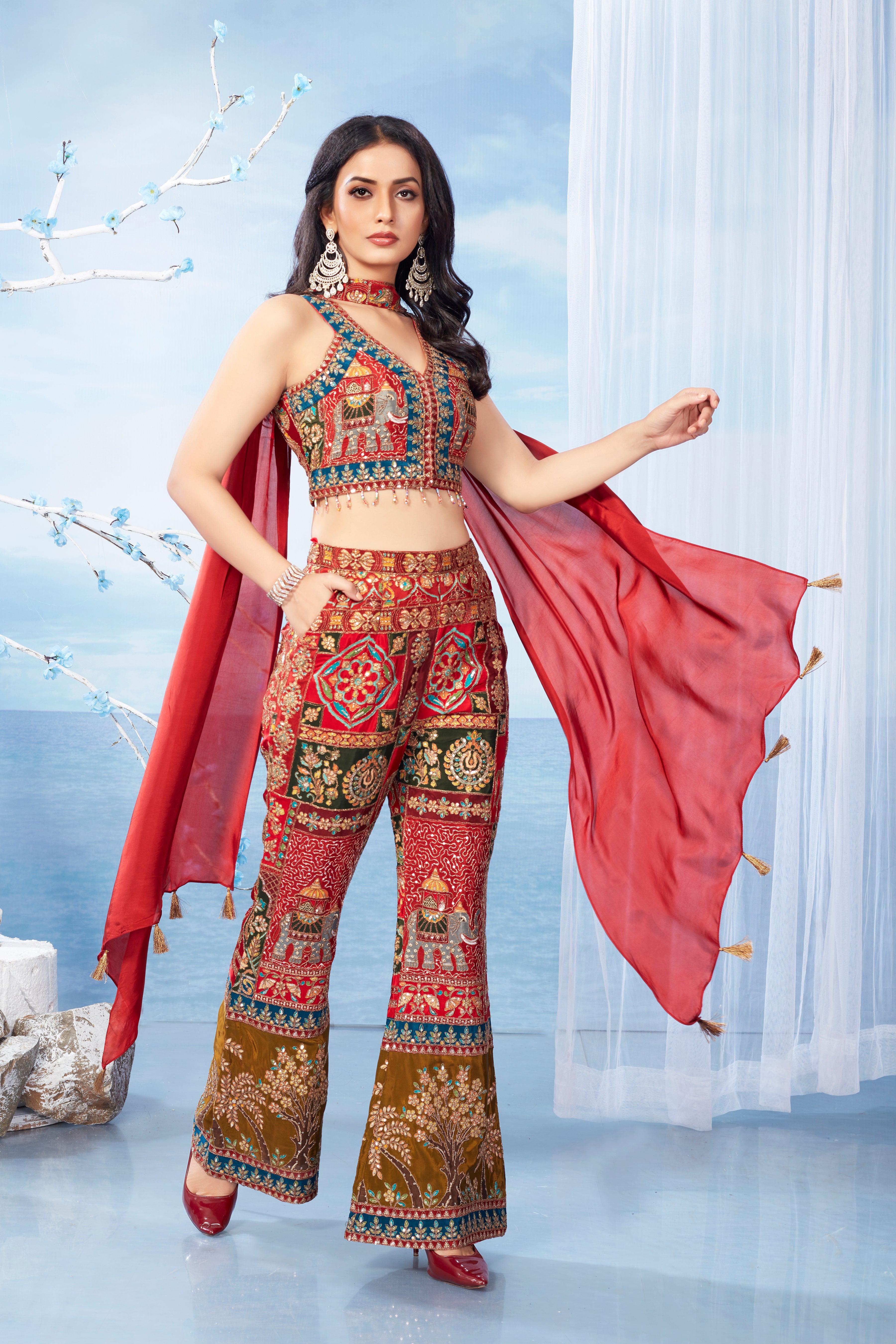 Red Embellished Italian Silk Palazzo Set