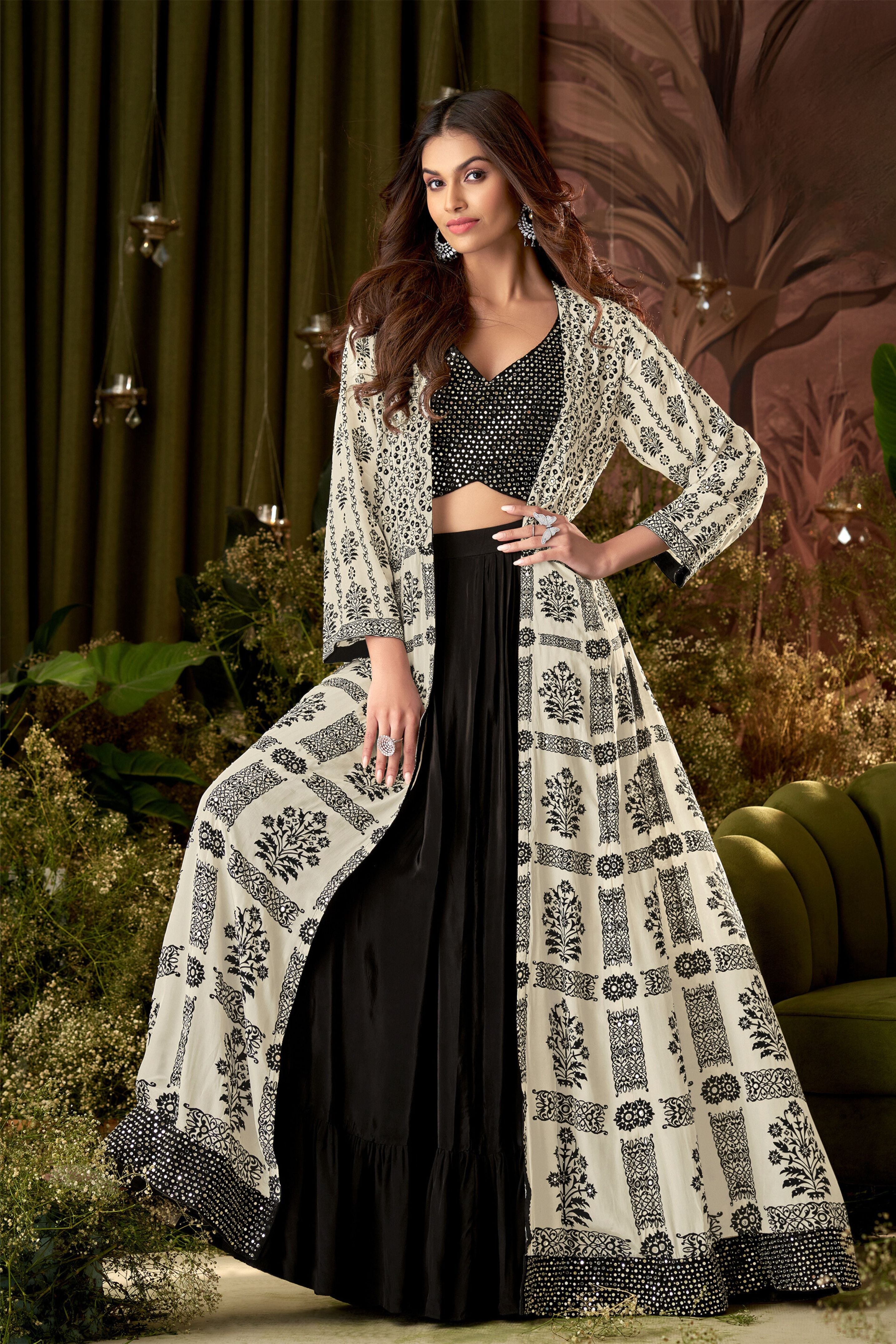 Black Traditional Printed Spanish Silk Lehenga Set