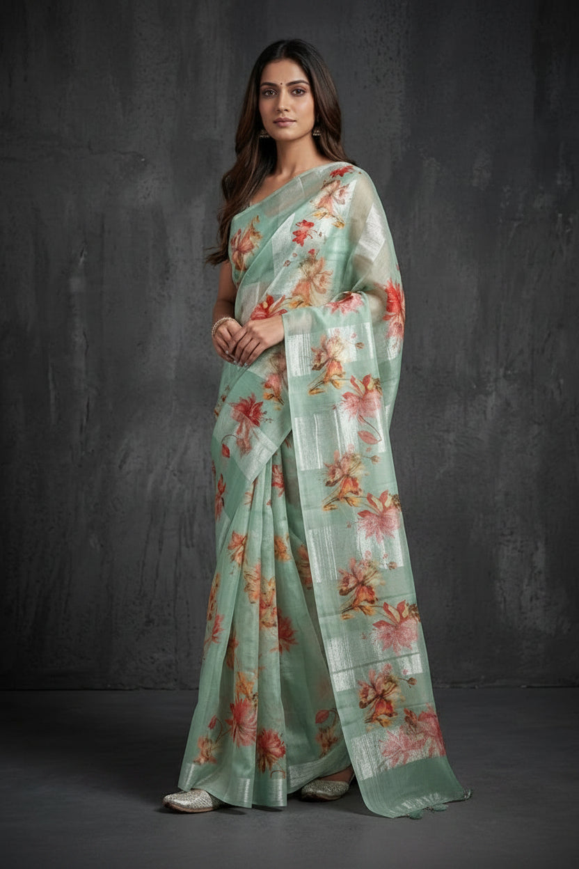 Seafoam Green Printed Pure Organza Silk Saree