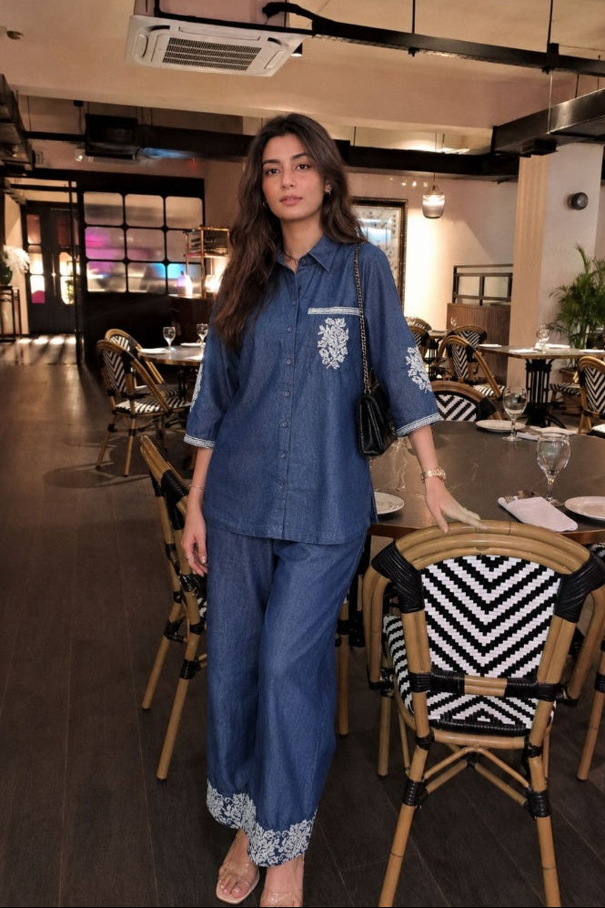 Indigo Blue Embroidered Denim Co-Ord Set