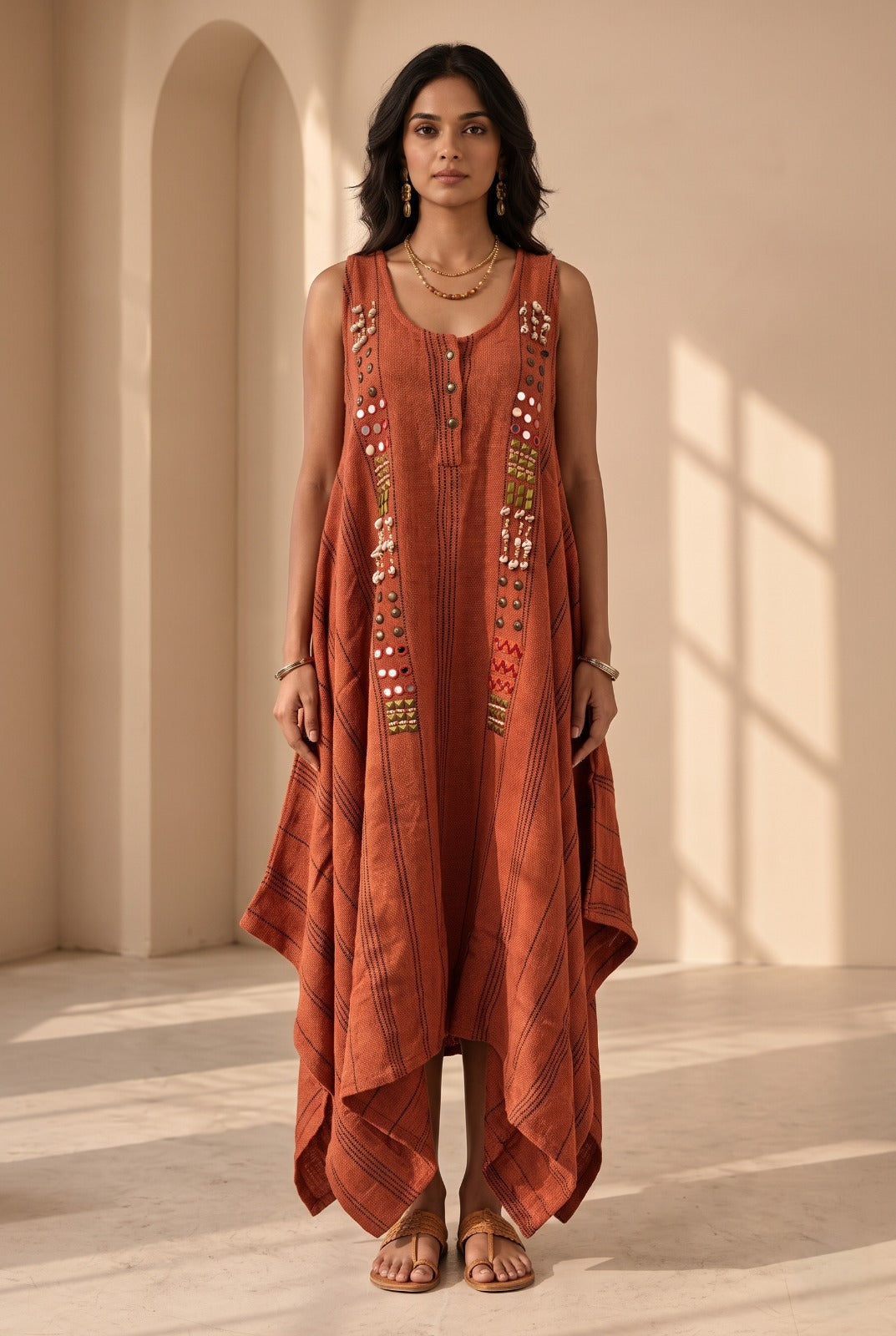Terracota Woven Cotton Tweed Midi Dres