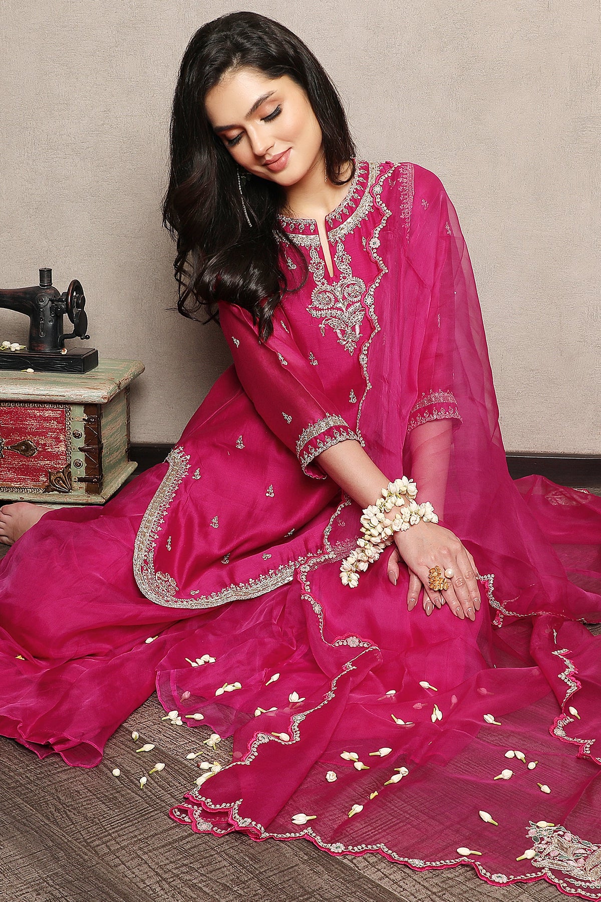 Rani Pink Embellished Chanderi Silk Palazzo Set