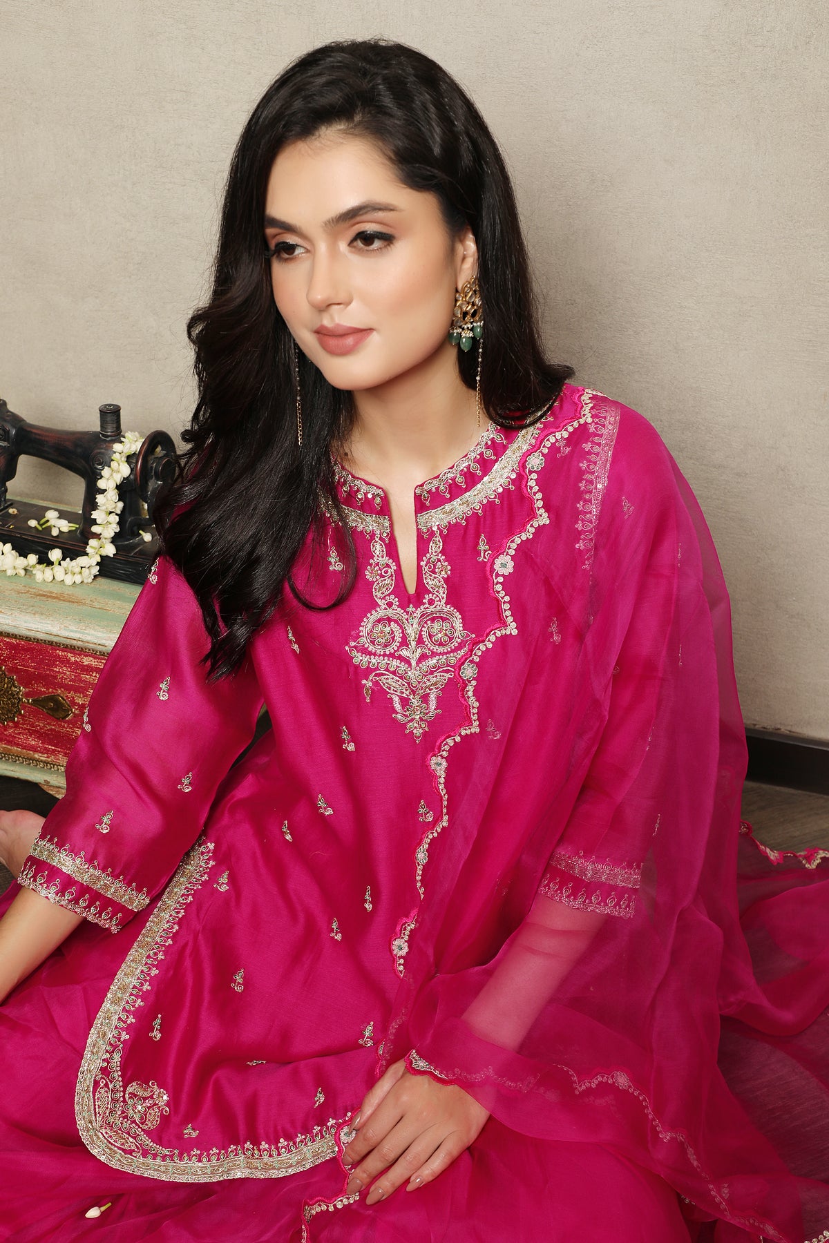 Rani Pink Embellished Chanderi Silk Palazzo Set