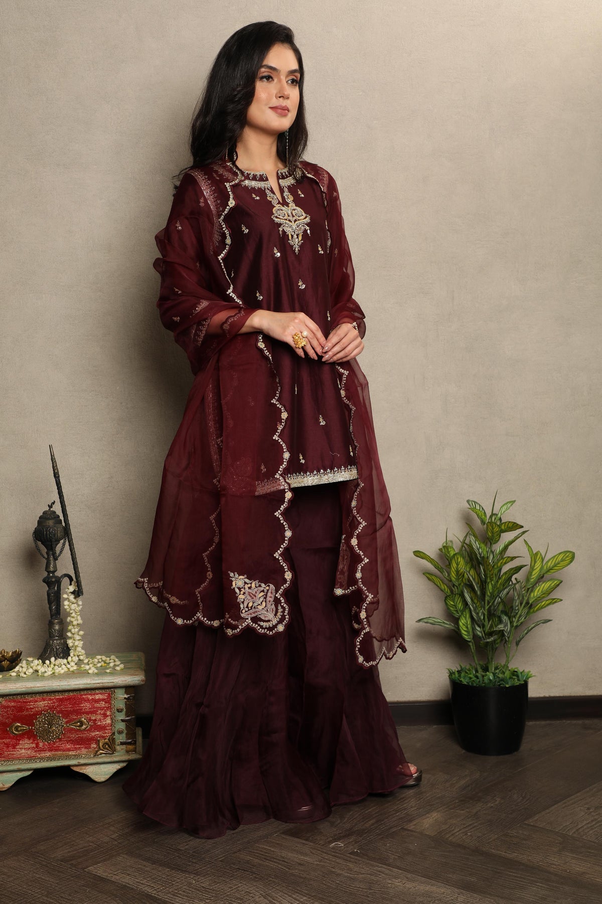 Deep Wine Embellished Chanderi Silk Palazzo Set
