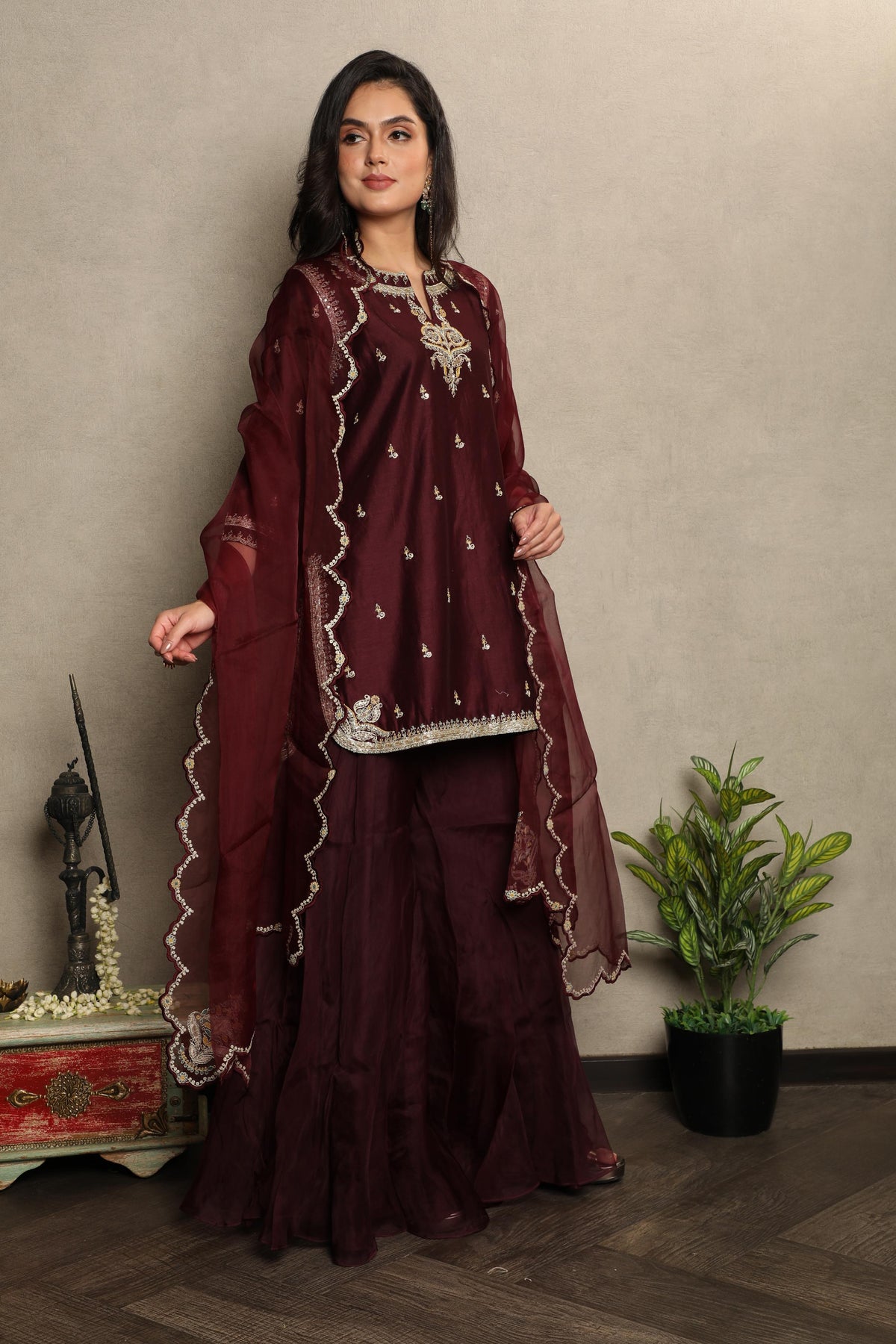 Deep Wine Embellished Chanderi Silk Palazzo Set
