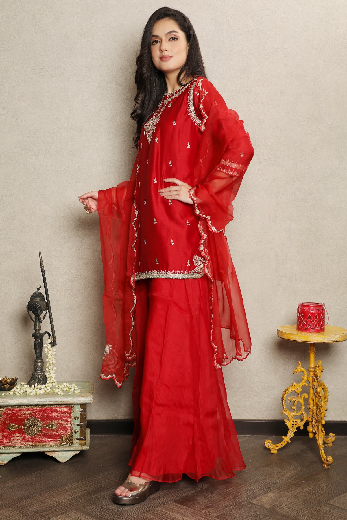 Bright Red Embellished Chanderi Silk Palazzo Set
