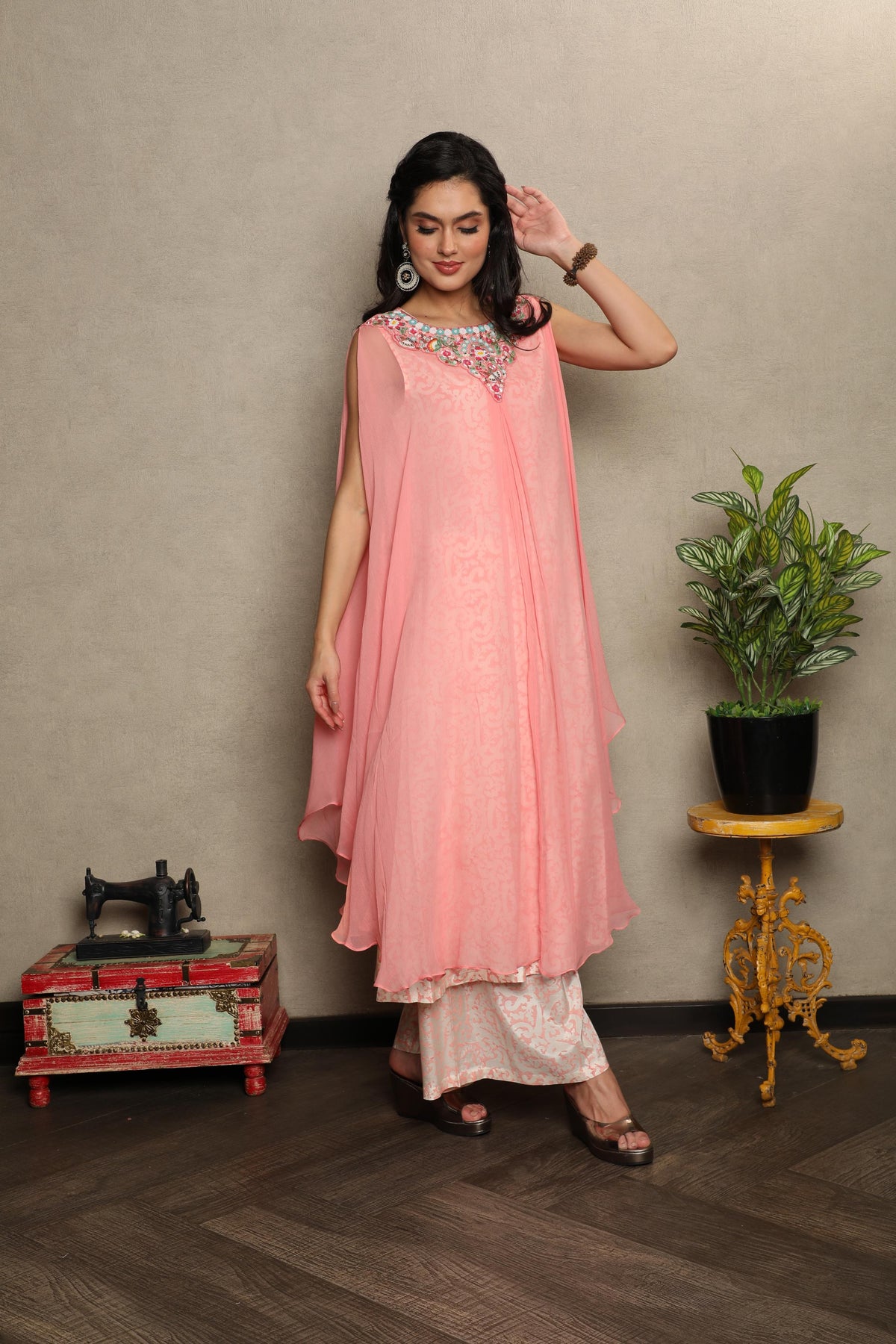 Blush Pink Embellished Chiffon Silk Kurta Set