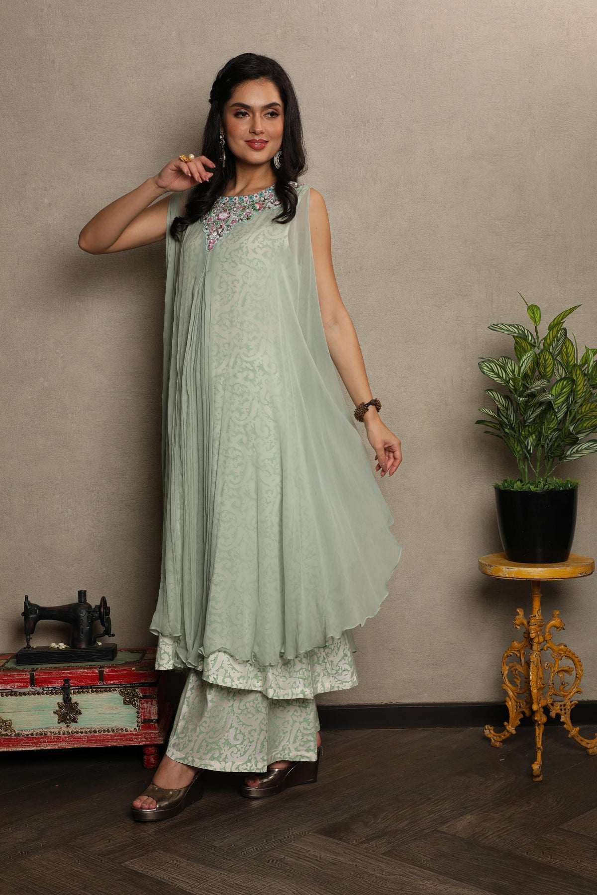 Muted Sage Embellished Chiffon Silk Kurta Set