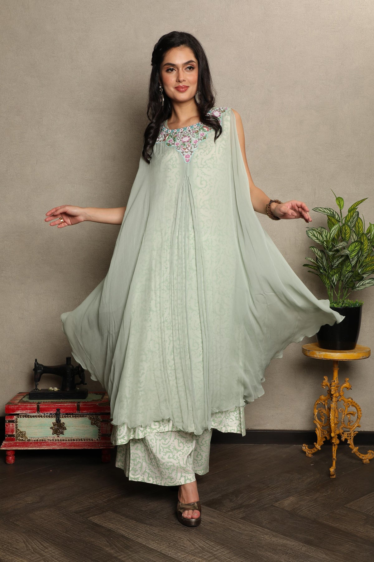 Muted Sage Embellished Chiffon Silk Kurta Set