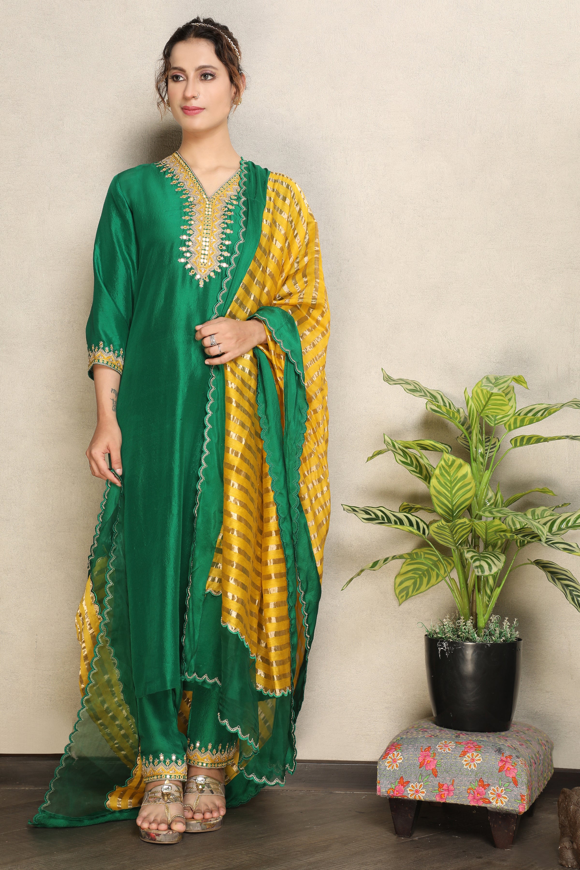 Regal Green Embellished Premium Silk Pant Set
