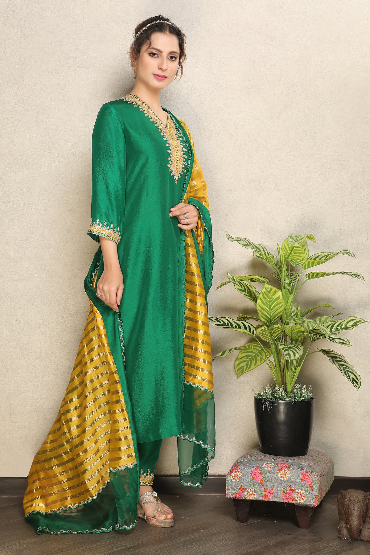 Regal Green Embellished Premium Silk Pant Set
