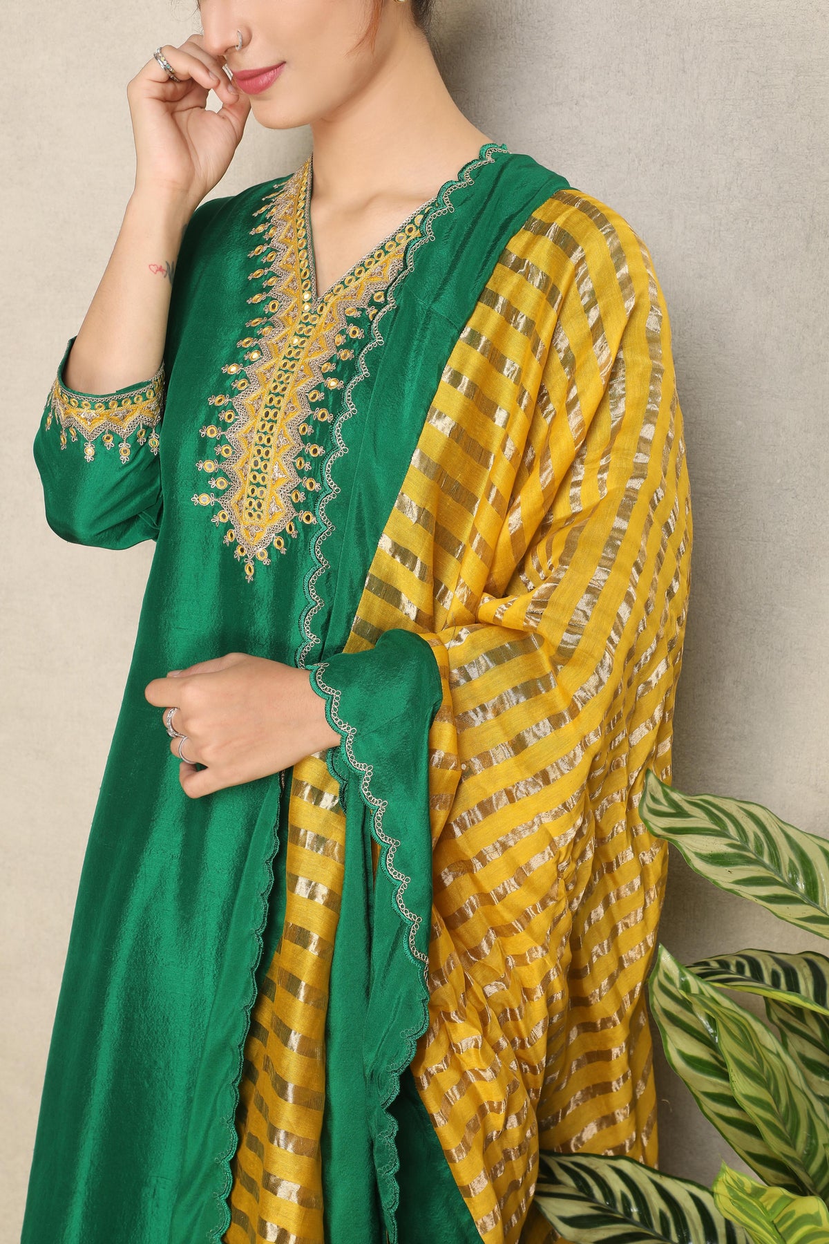 Regal Green Embellished Premium Dupion Silk Pant Set