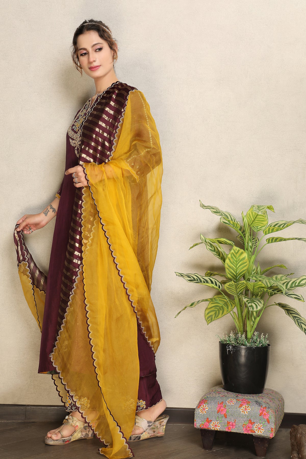 Regal Wine Embellished Premium Dupion Silk Pant Set