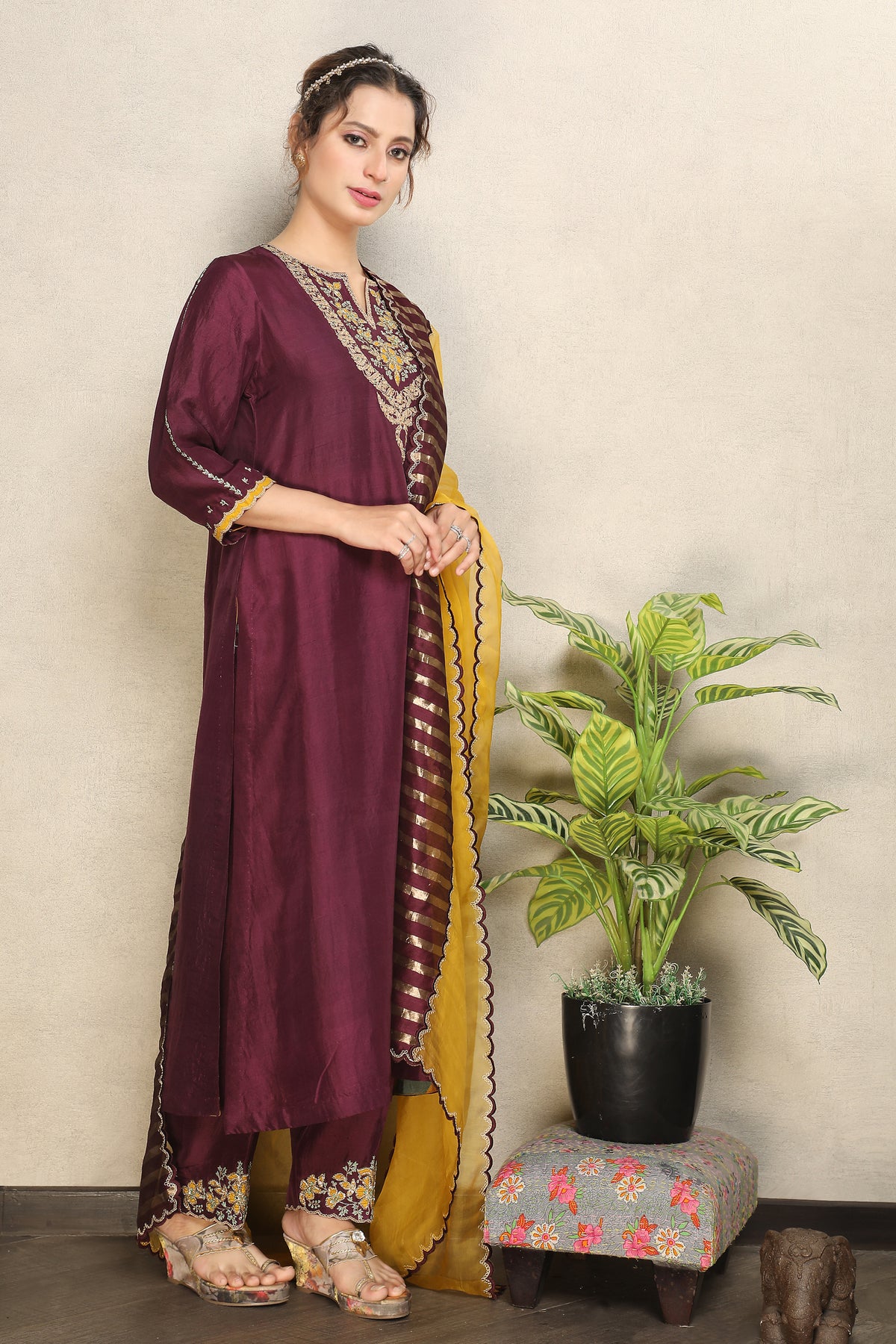 Regal Wine Embellished Premium Dupion Silk Pant Set