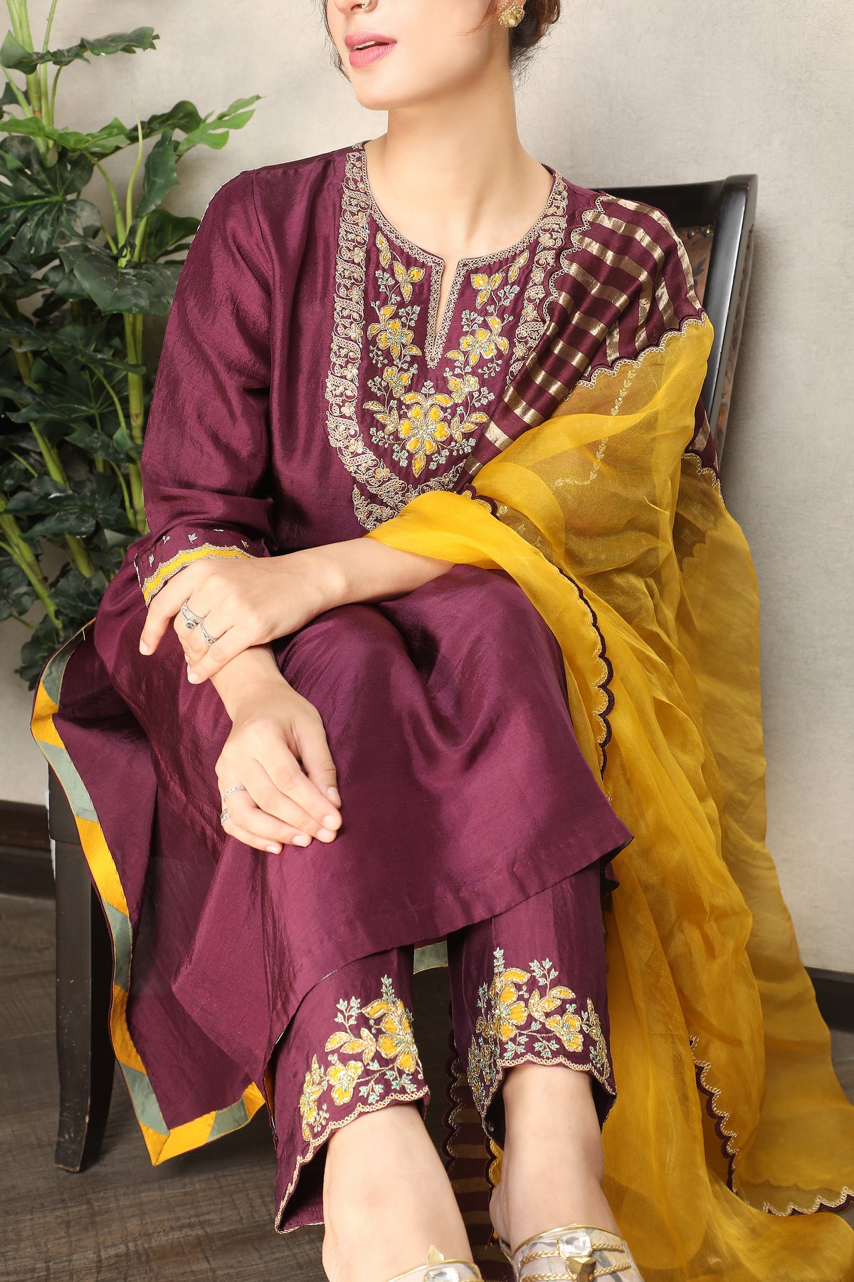 Regal Wine Embellished Premium Dupion Silk Pant Set