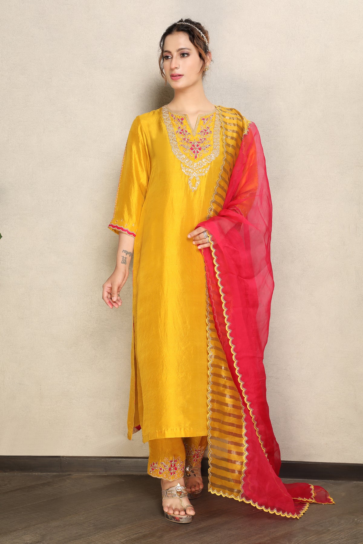 Regal Yellow Embellished Premium Dupion Silk Pant Set
