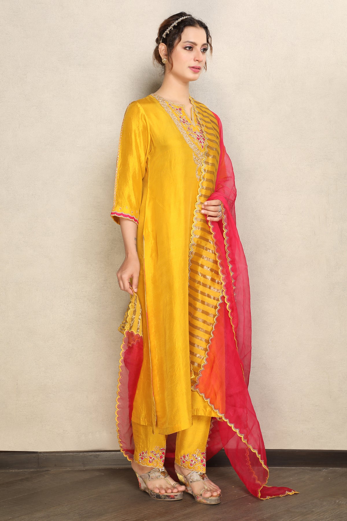Regal Yellow Embellished Premium Dupion Silk Pant Set