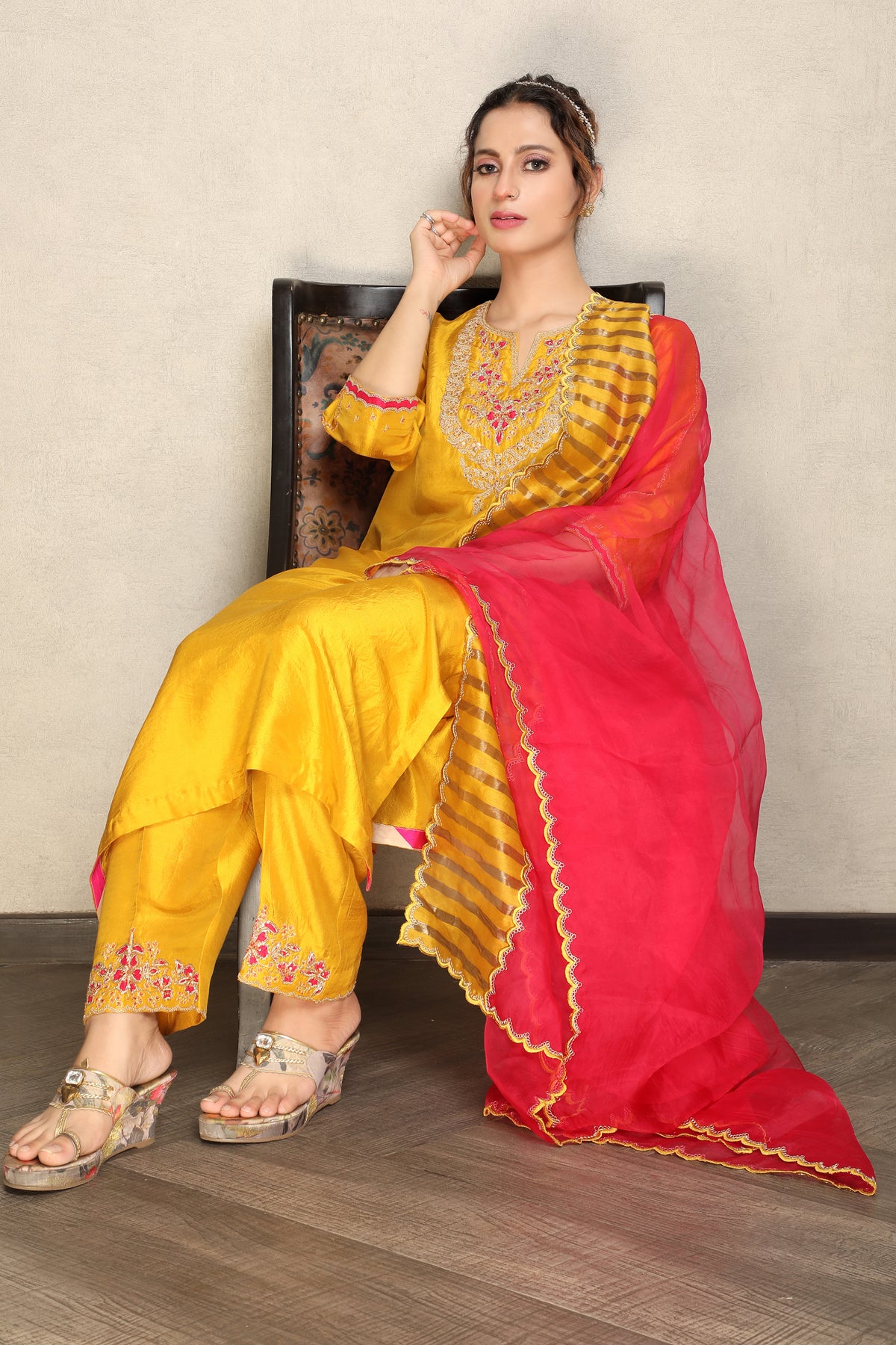 Regal Yellow Embellished Premium Dupion Silk Pant Set