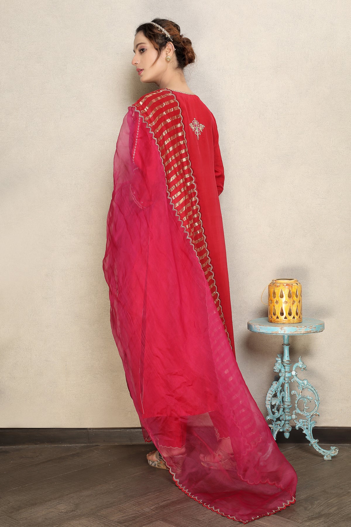 Regal Red Embellished Premium Dupion Silk Pant Set