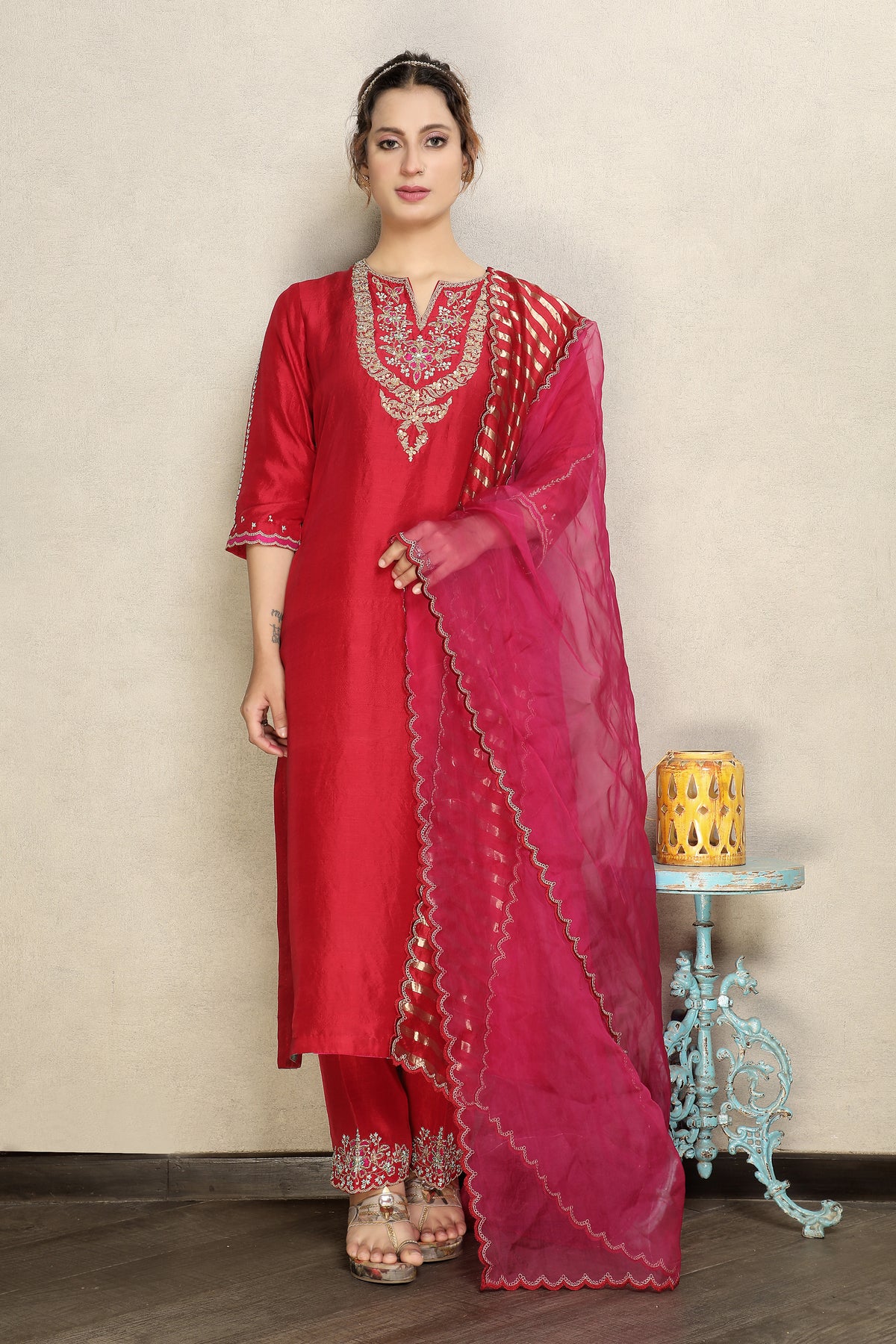 Regal Red Embellished Premium Dupion Silk Pant Set