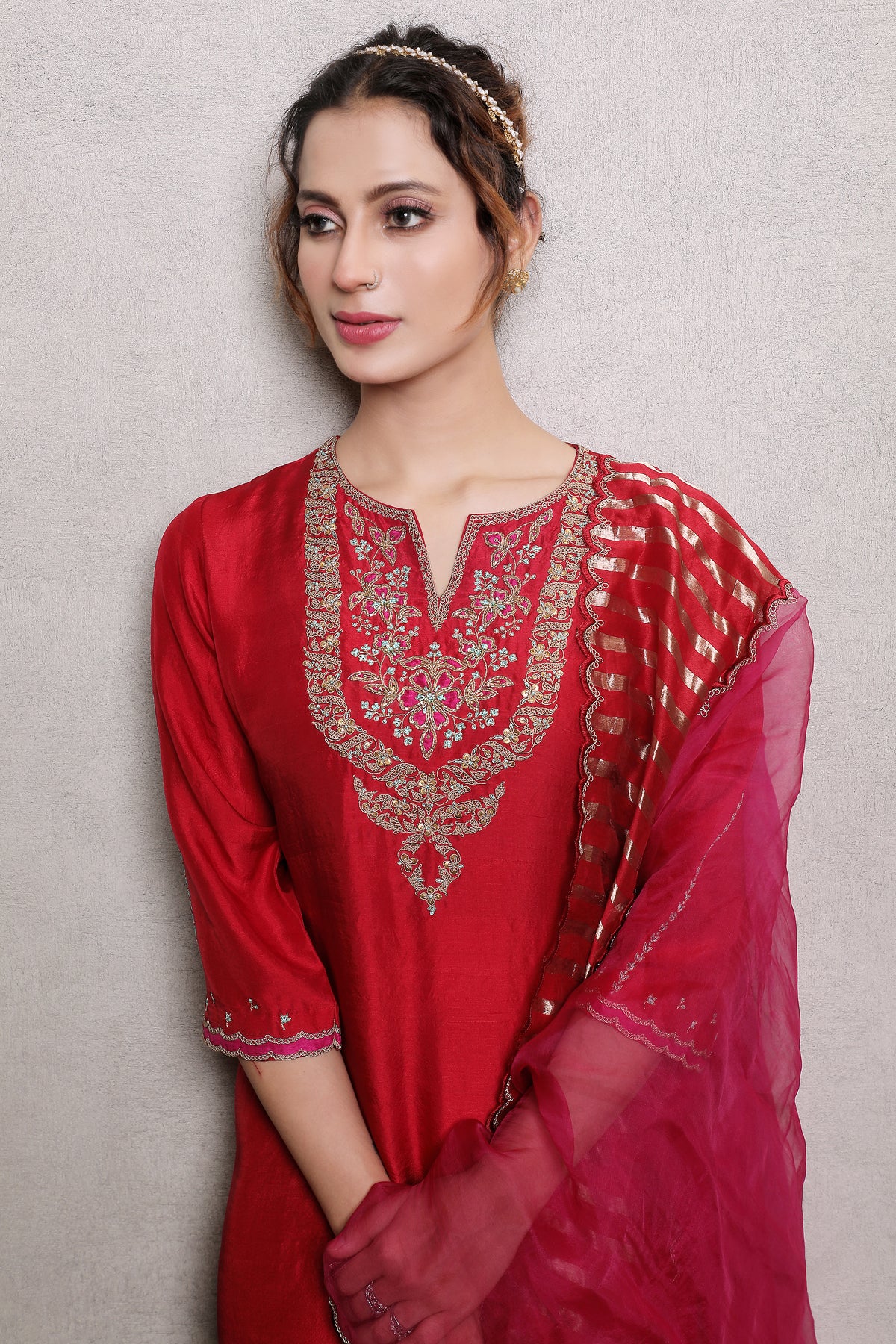 Regal Red Embellished Premium Dupion Silk Pant Set