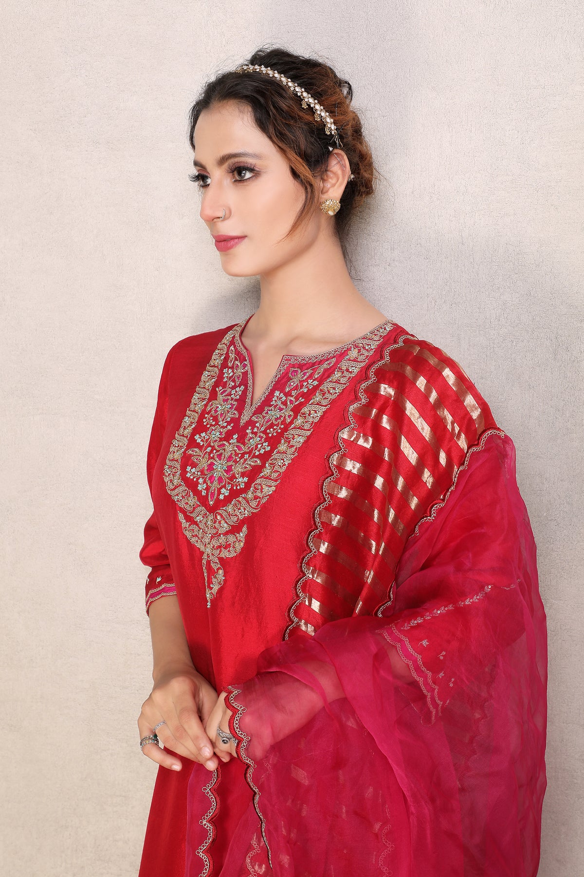 Regal Red Embellished Premium Dupion Silk Pant Set