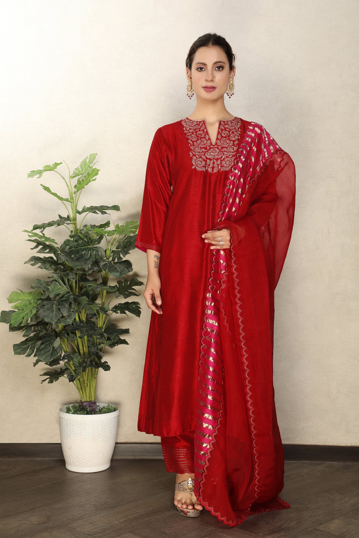 Scarlet Red Embellished Premium Silk Anarkali Set