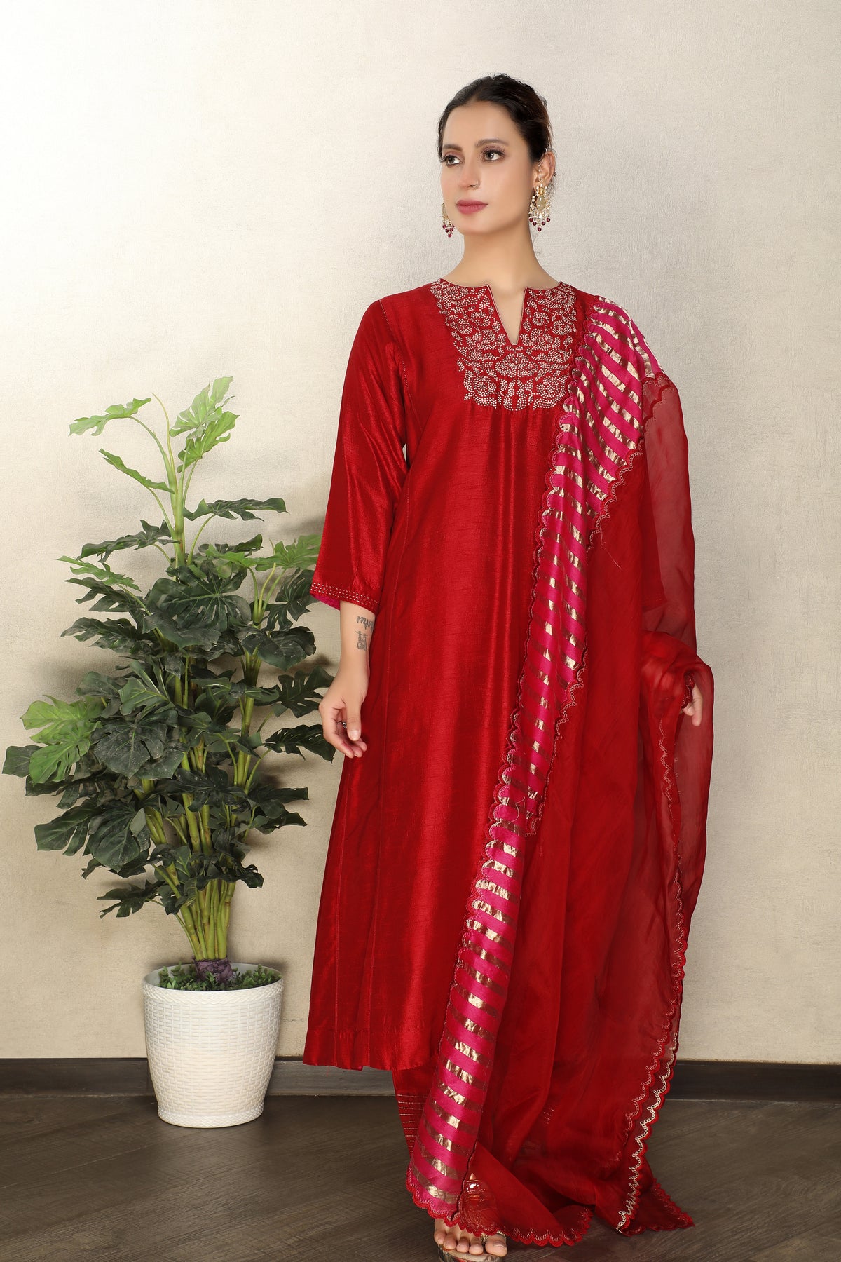 Scarlet Red Embellished Premium Silk Anarkali Set