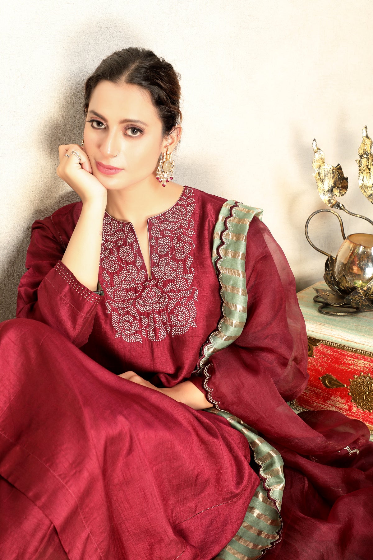 Deep Burgundy Embellished Premium Silk Anarkali Set