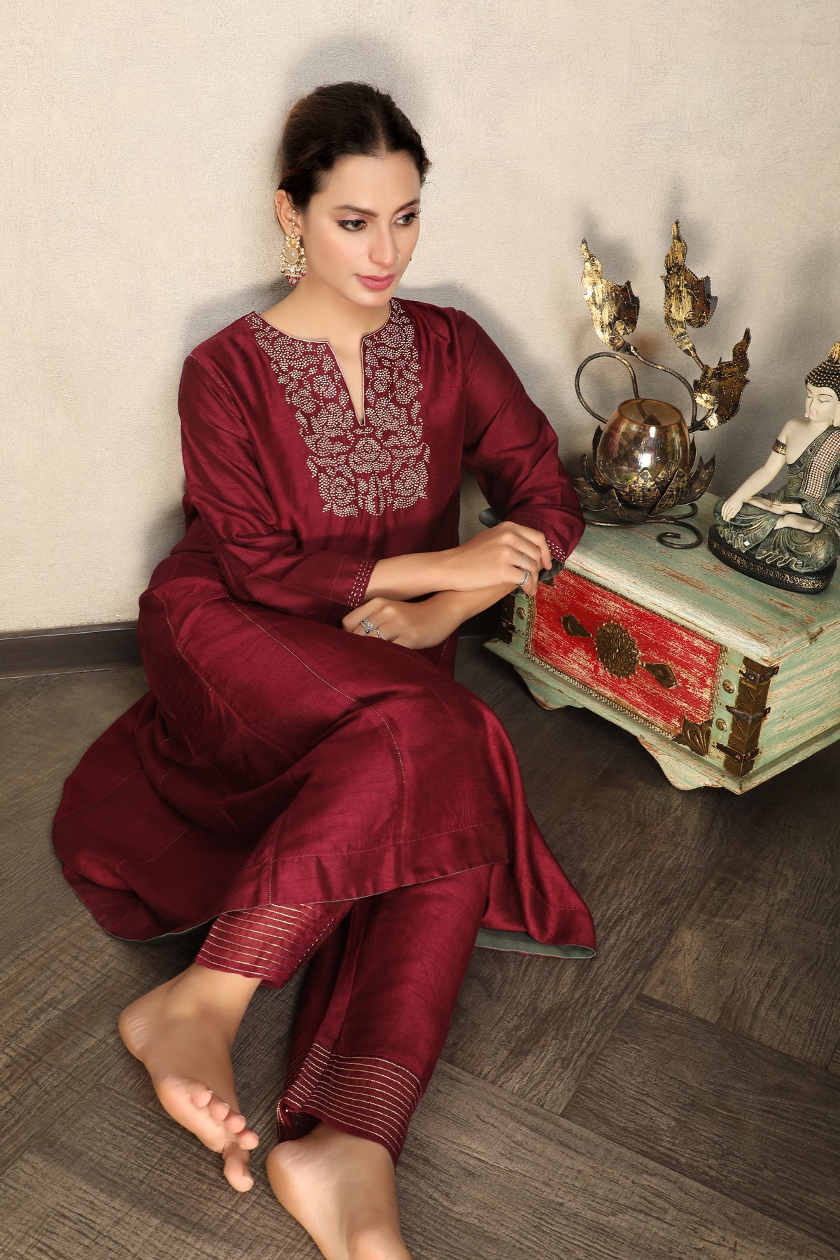 Deep Burgundy Embellished Premium Silk Anarkali Set