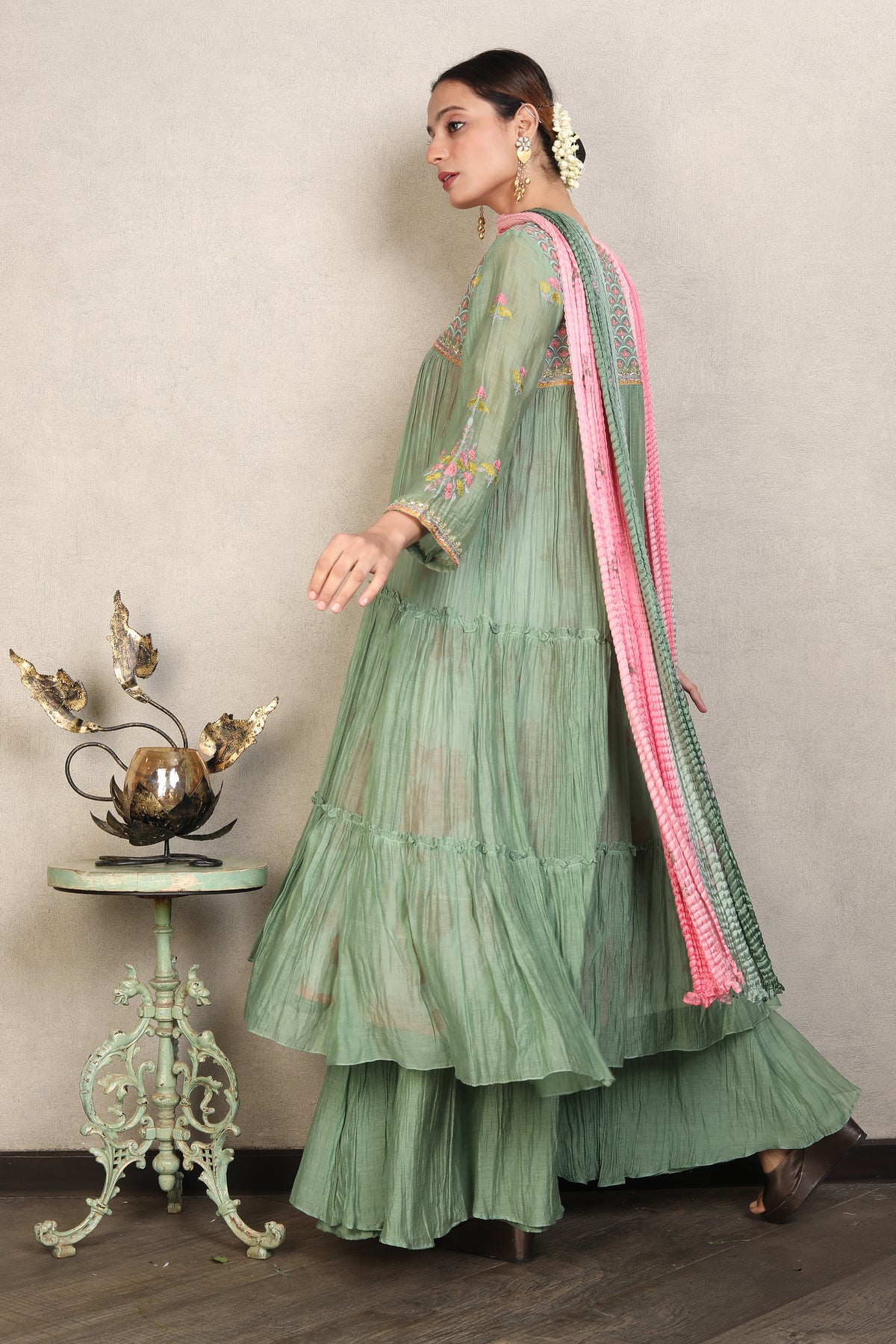 Green Sage Embroidered Chanderi Silk Anarkali Set
