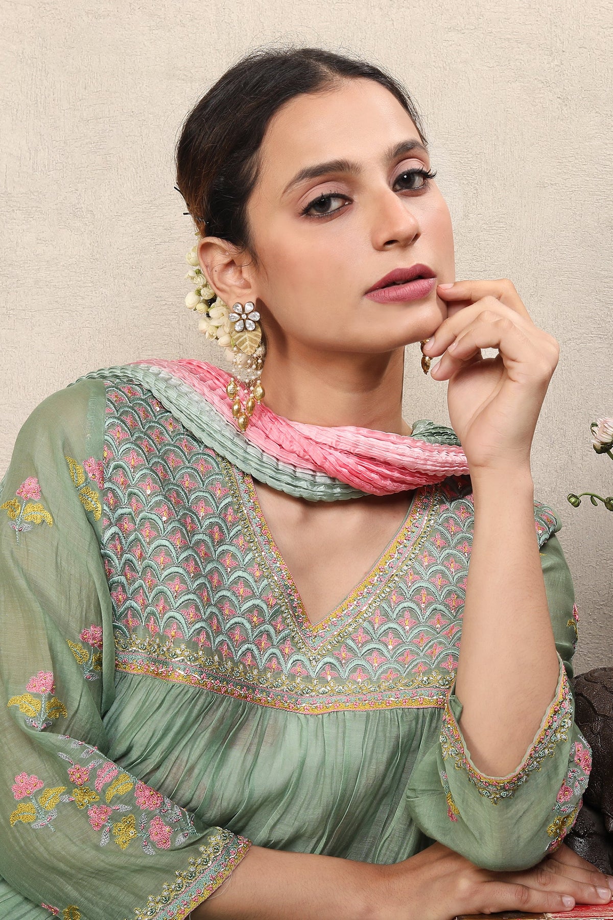 Green Sage Embroidered Chanderi Silk Anarkali Set
