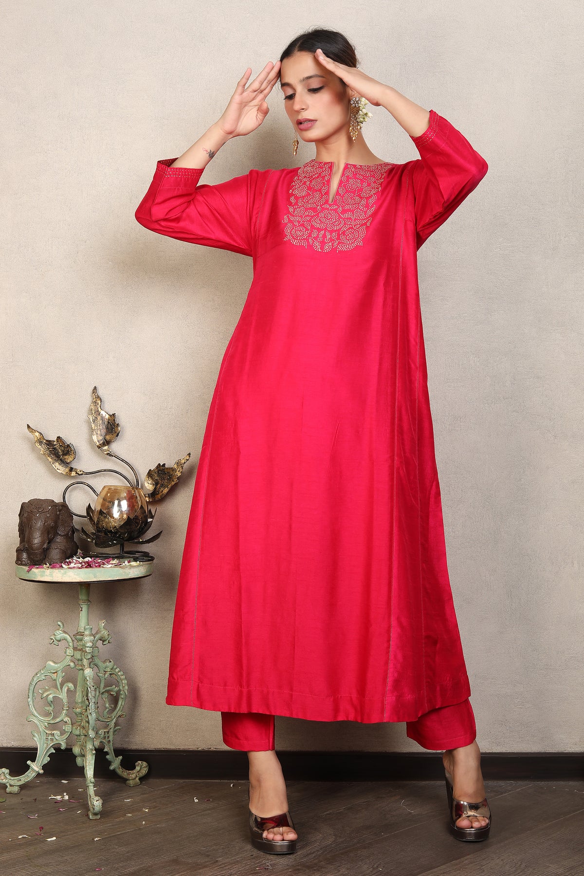 Bright Fuchsia Embellished Premium Silk Anarkali Set