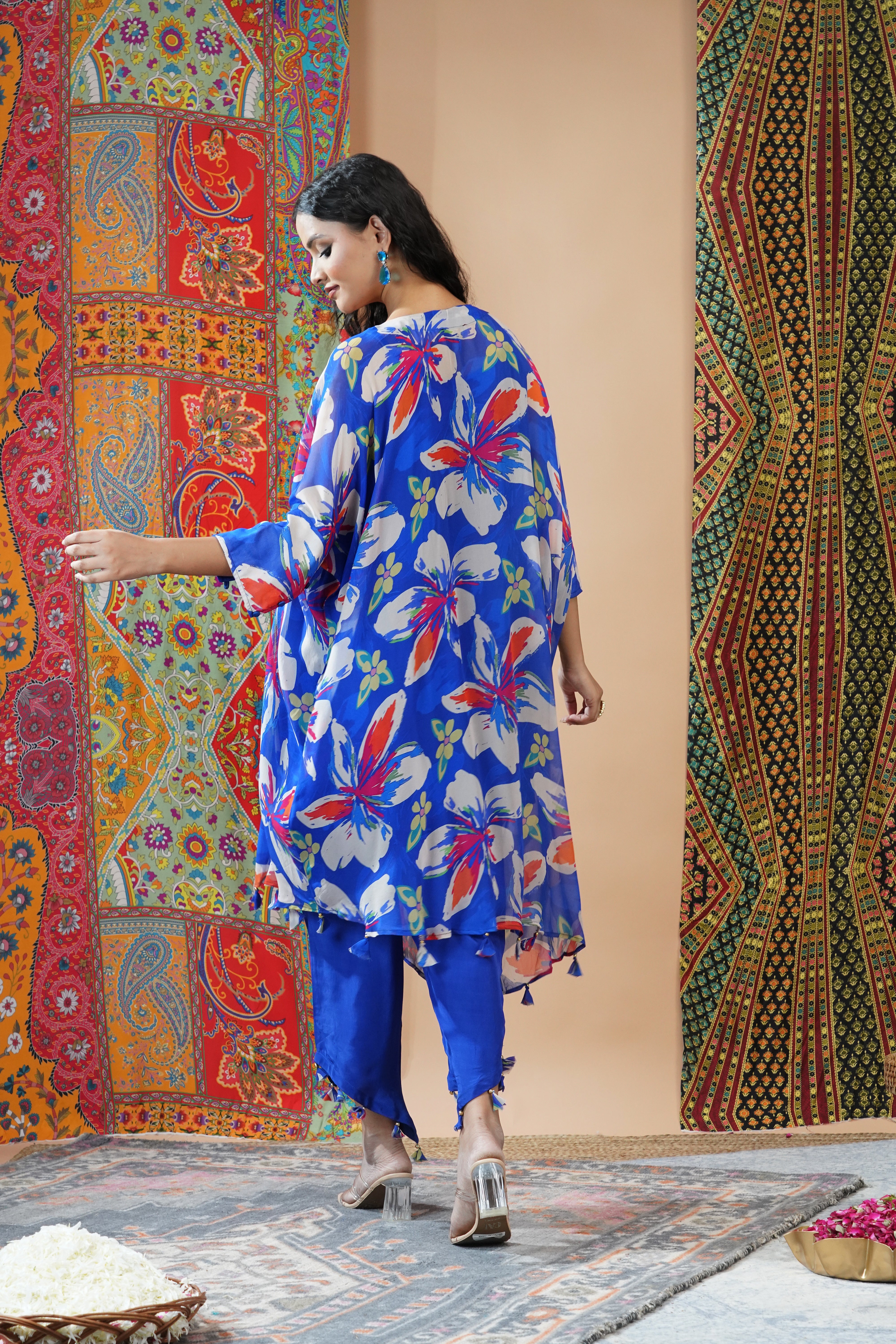 Blue Floral Printed Crepe Silk Kaftan Set