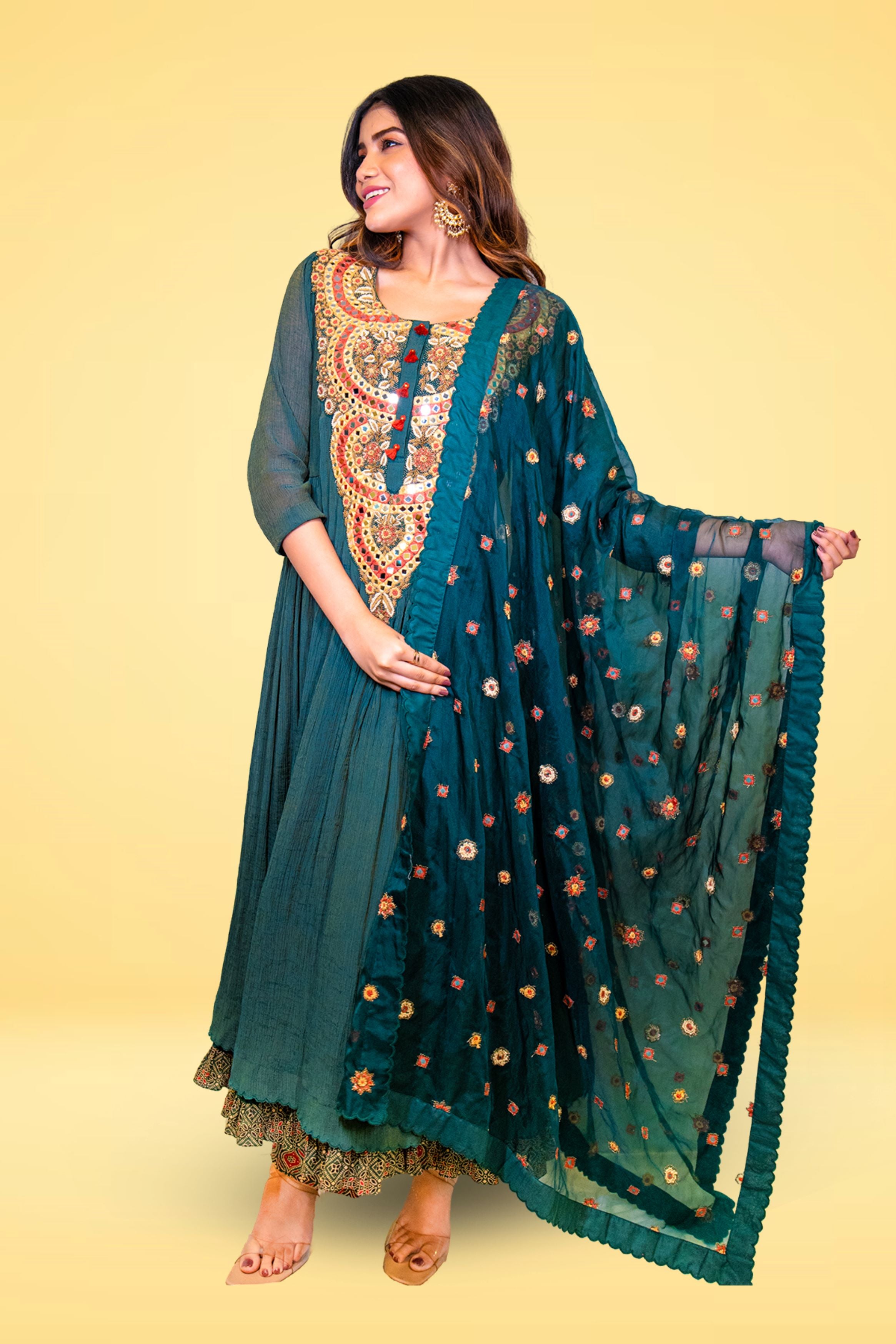 Teal Embellished Crush Muslin Silk Anarkali Set