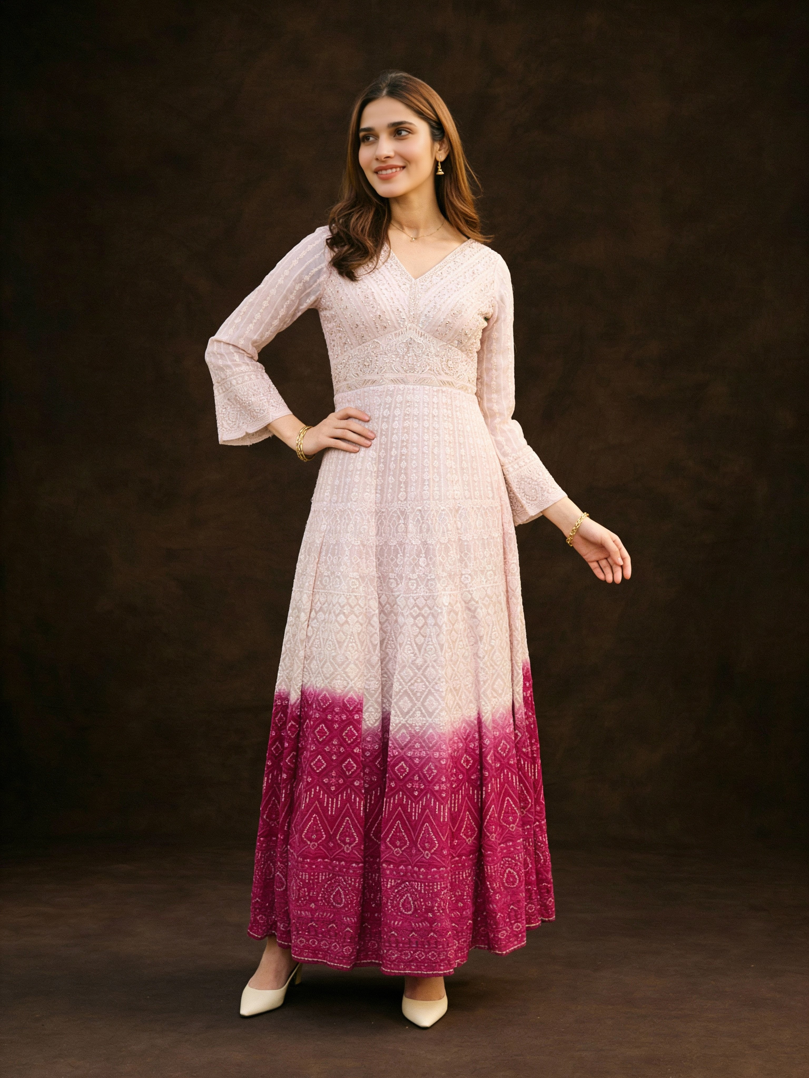Pink Ombre Embellished Georgette Silk Anarkali Set