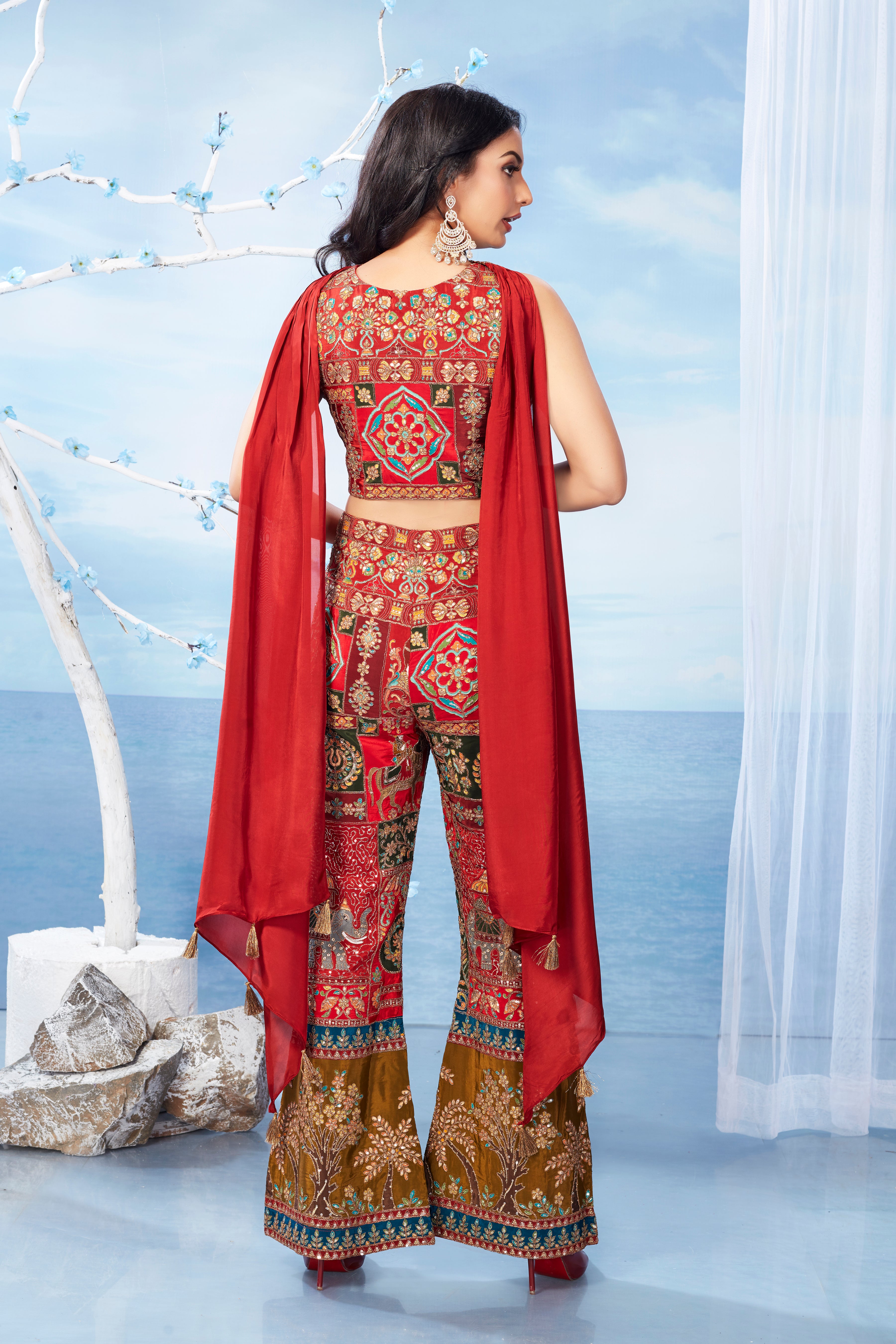 Red Embellished Italian Silk Palazzo Set