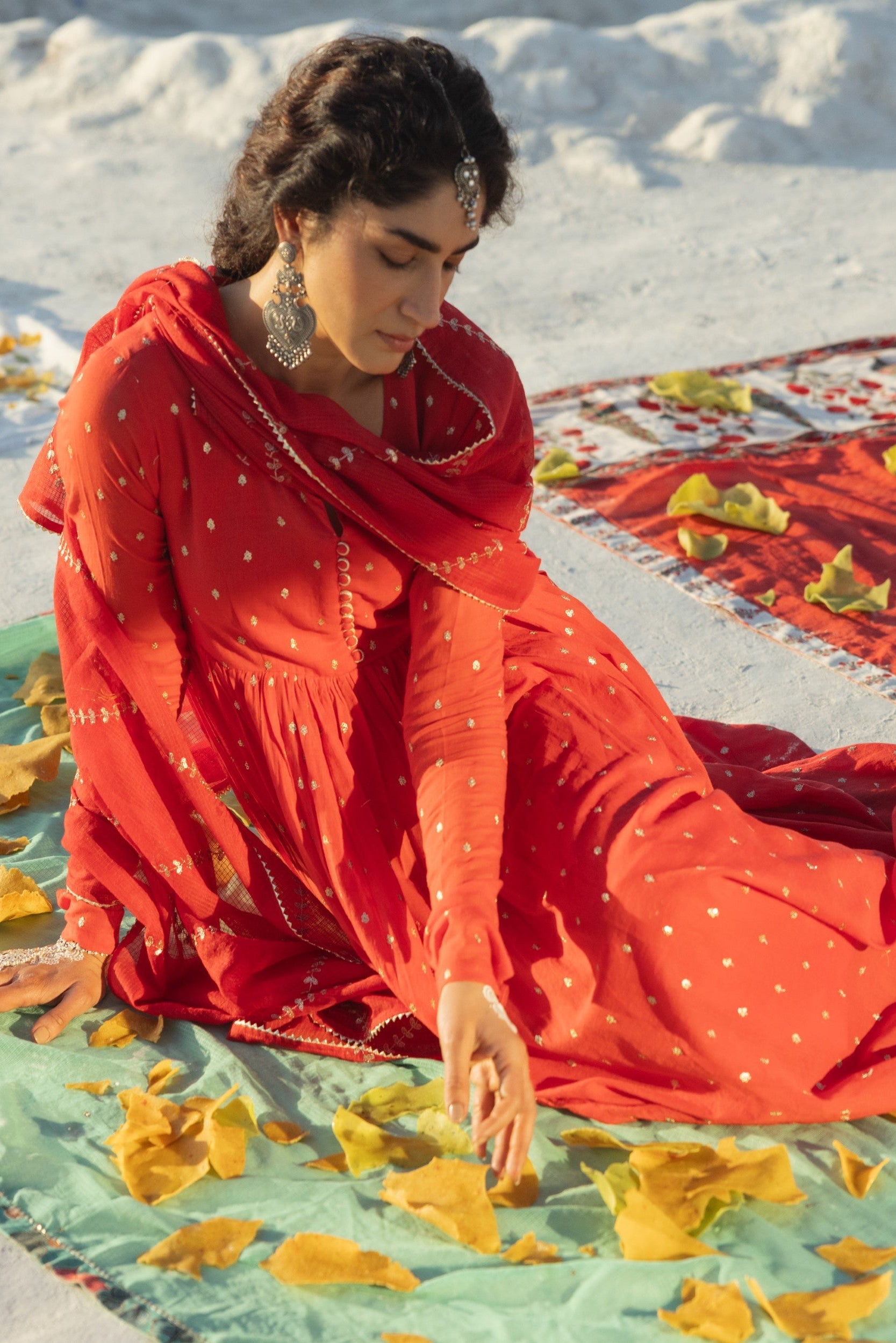 Bright Red Embellished Mul Cotton Anarkali Set