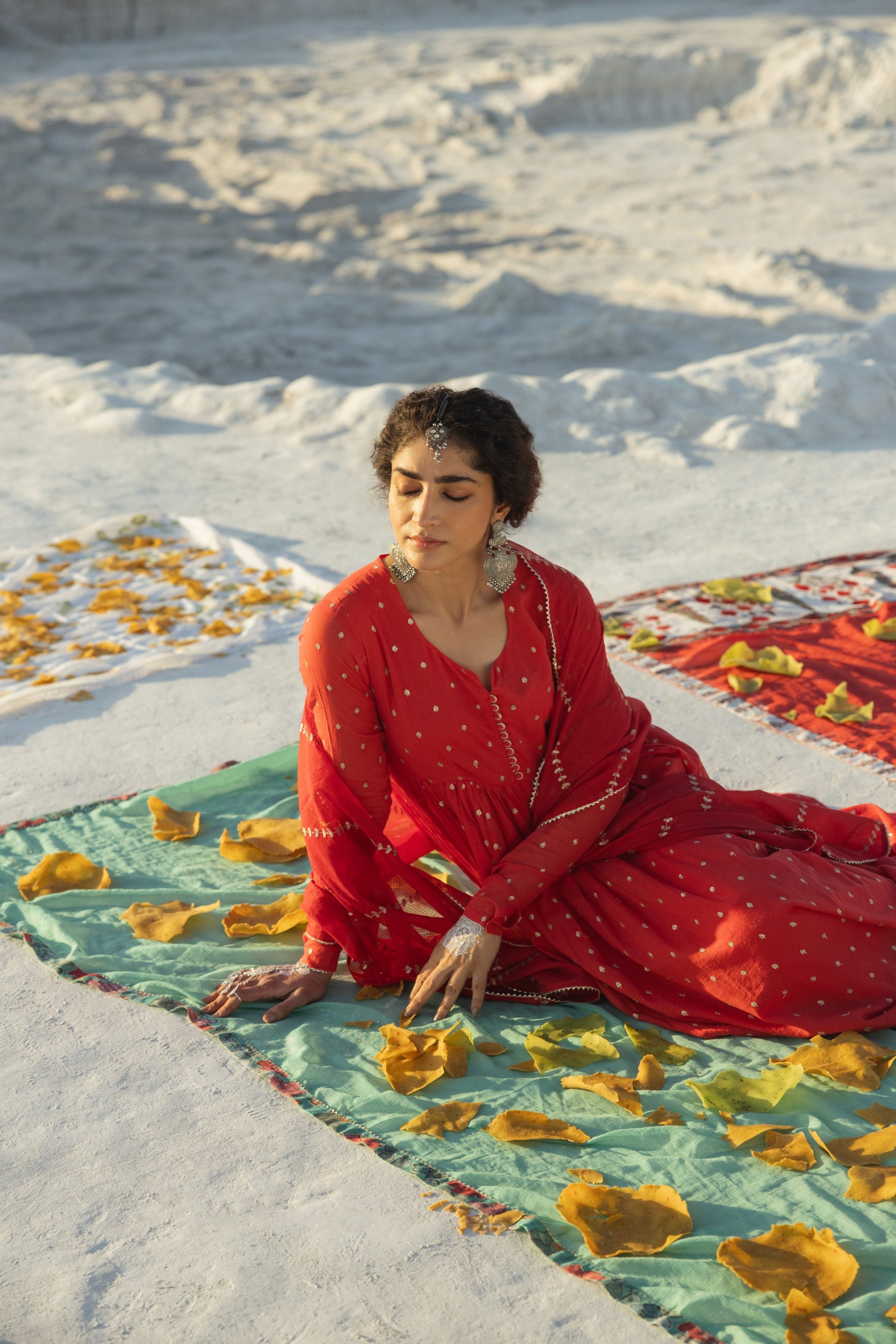 Bright Red Embellished Mul Cotton Anarkali Set