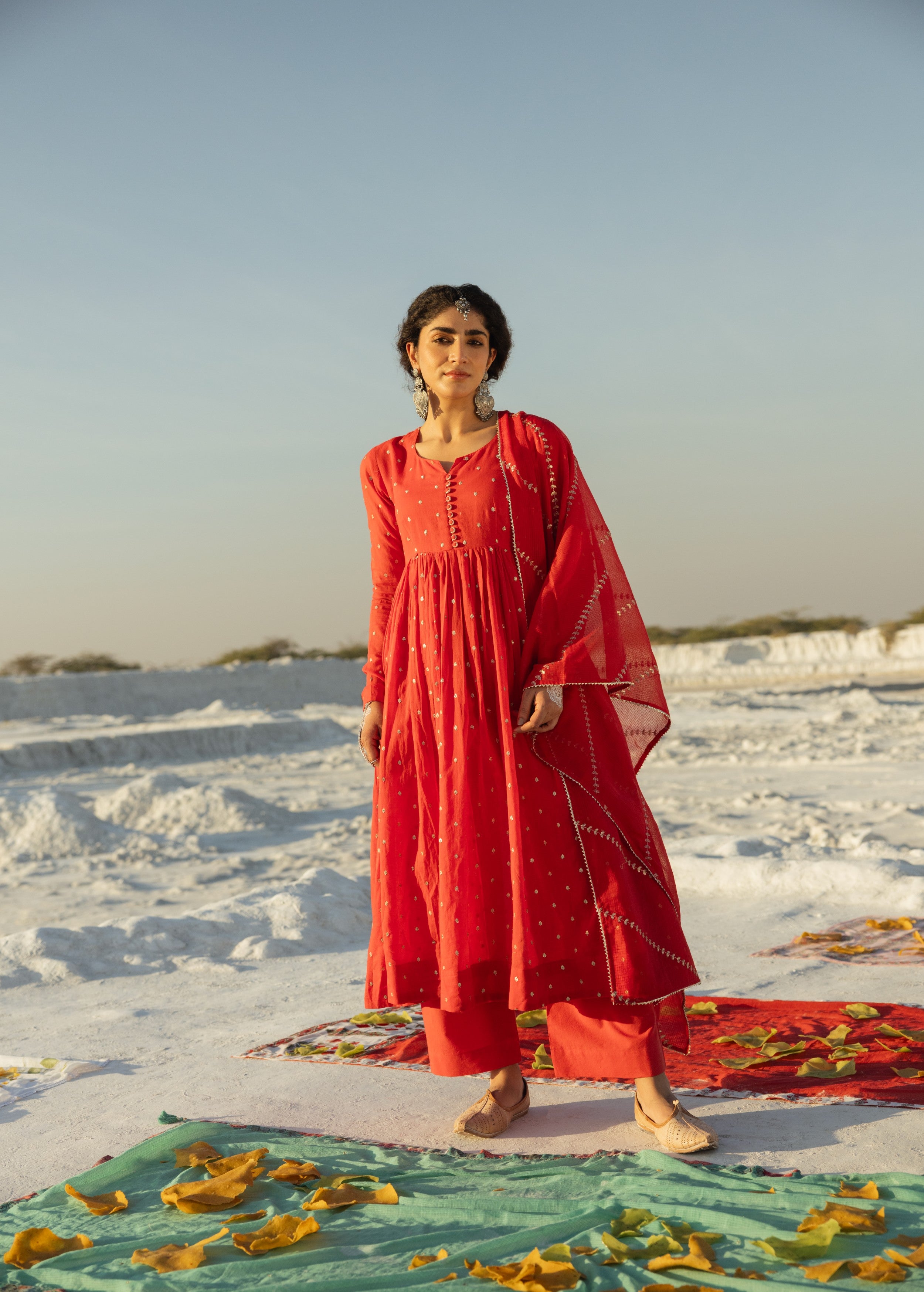 Bright Red Embellished Mul Cotton Anarkali Set