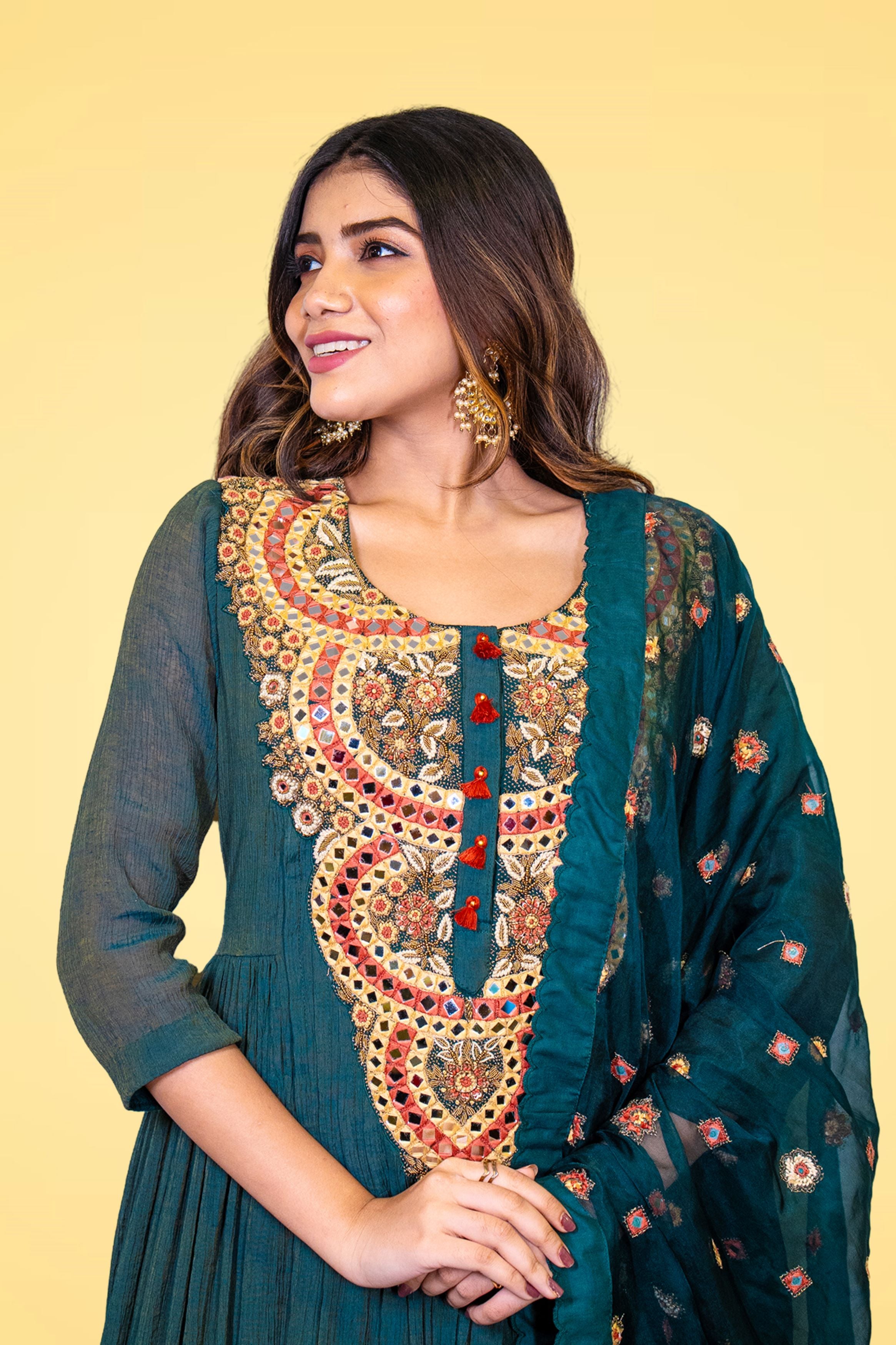 Teal Embellished Crush Muslin Silk Anarkali Set