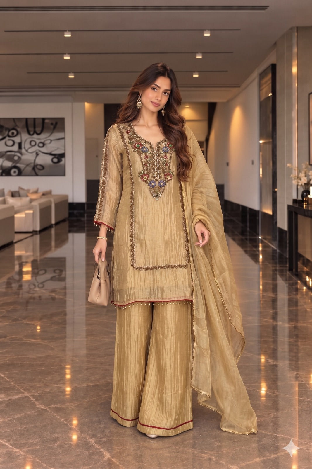 Golden Glow Embellished Shimmer Tissue Silk Palazzo Set