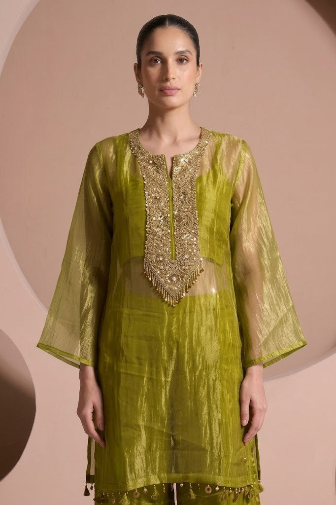 Light Olive Green Embellished Shimmer Tissue Silk Co-Ord Set