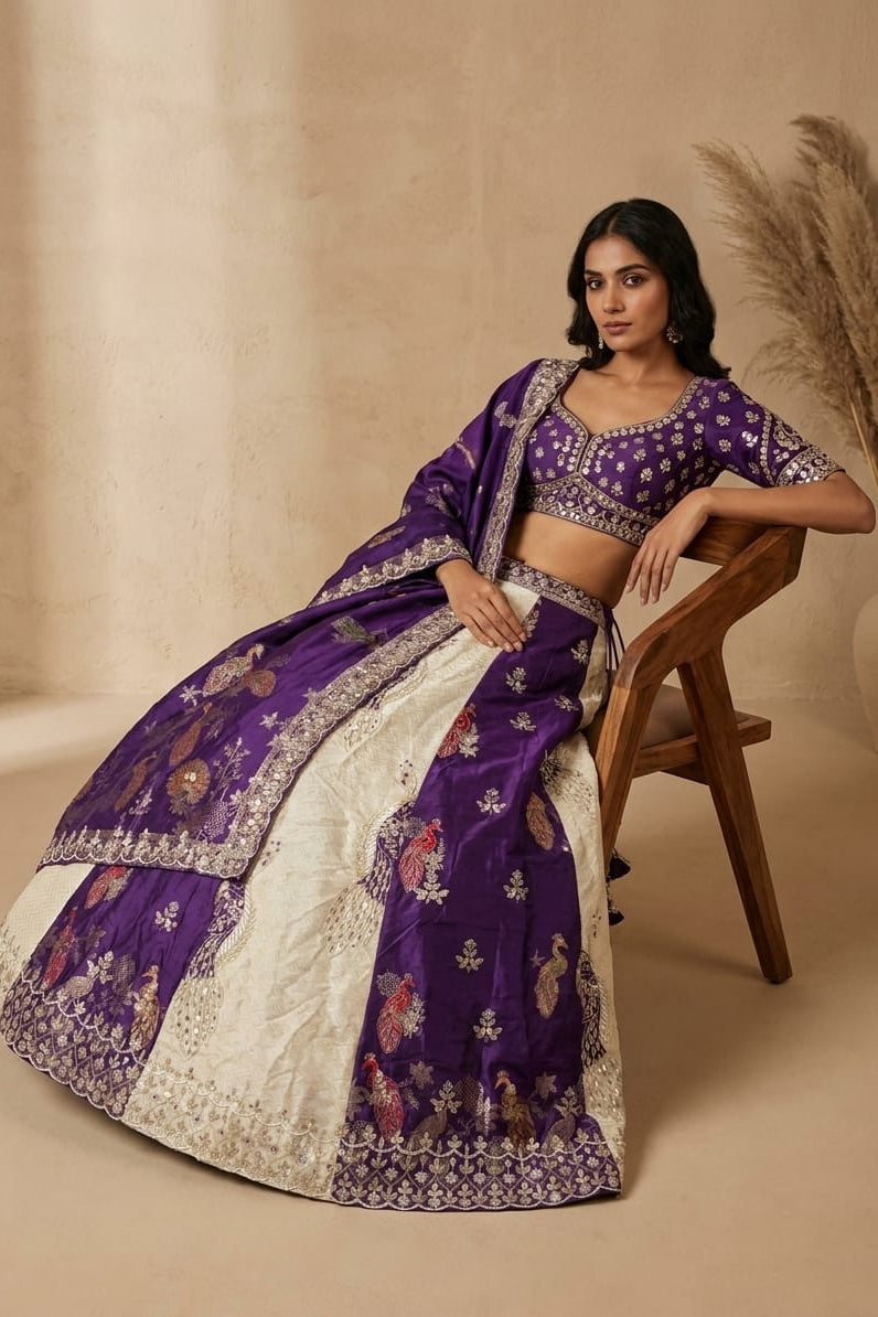 Imperial Violet Embroidered Tissue Silk Lehenga Set