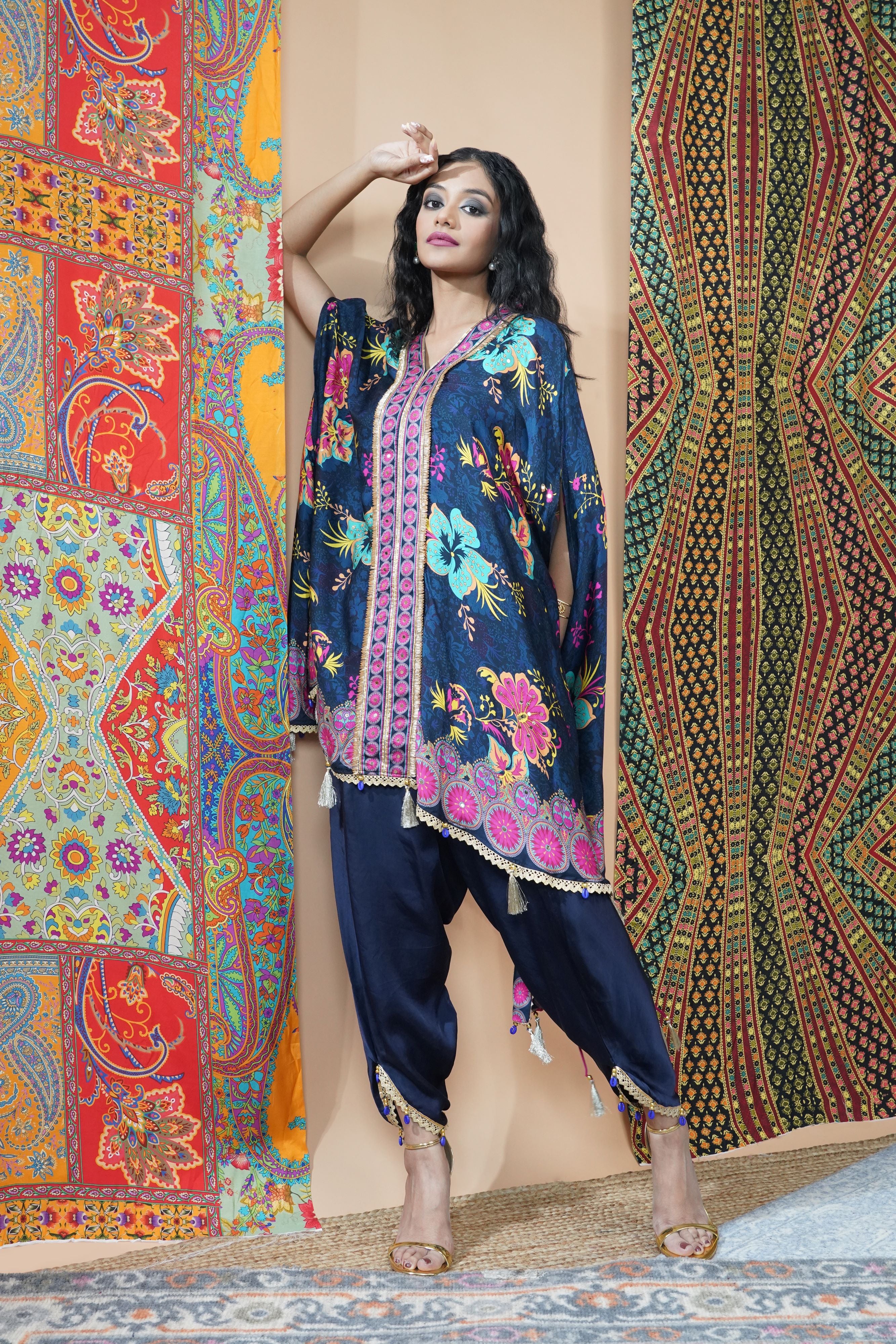 Dark Blue Floral Printed Crepe Silk Kaftan Set