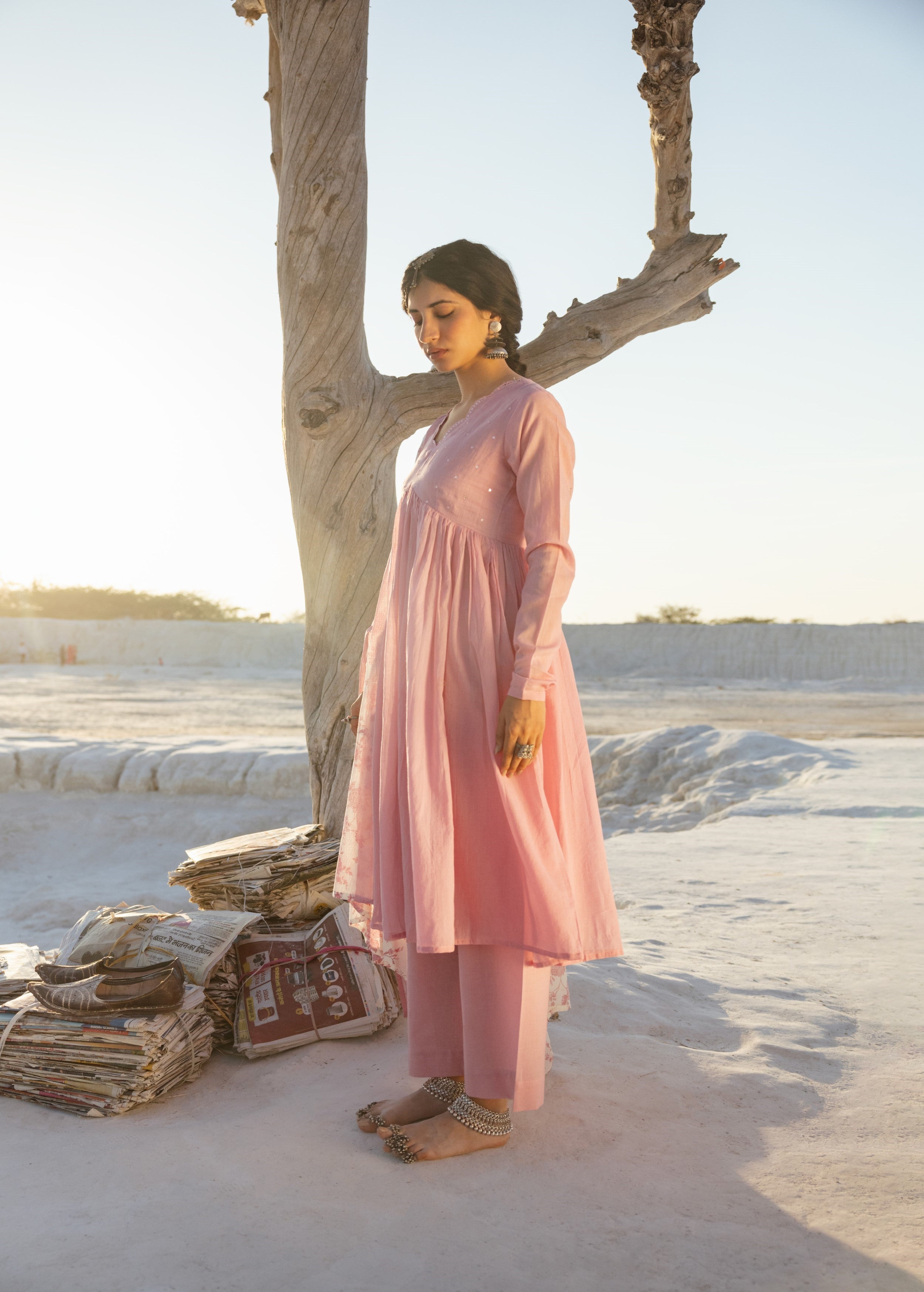 Light Pink Embellished Kota Doria Pant Set