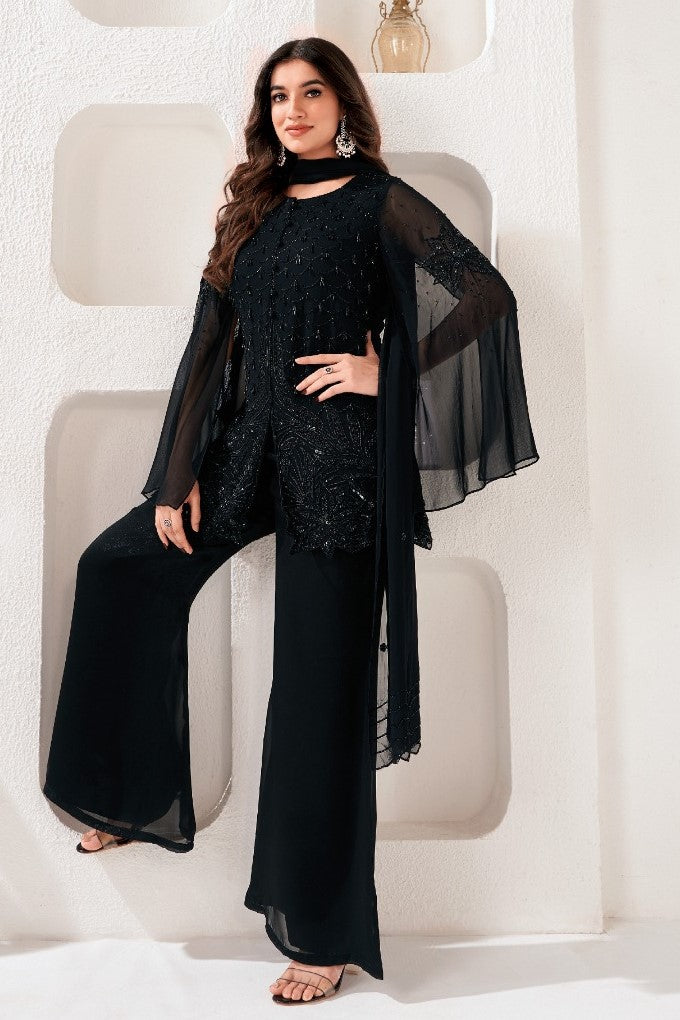 Classy Black Hand Embellished Georgette Silk Palazzo Set