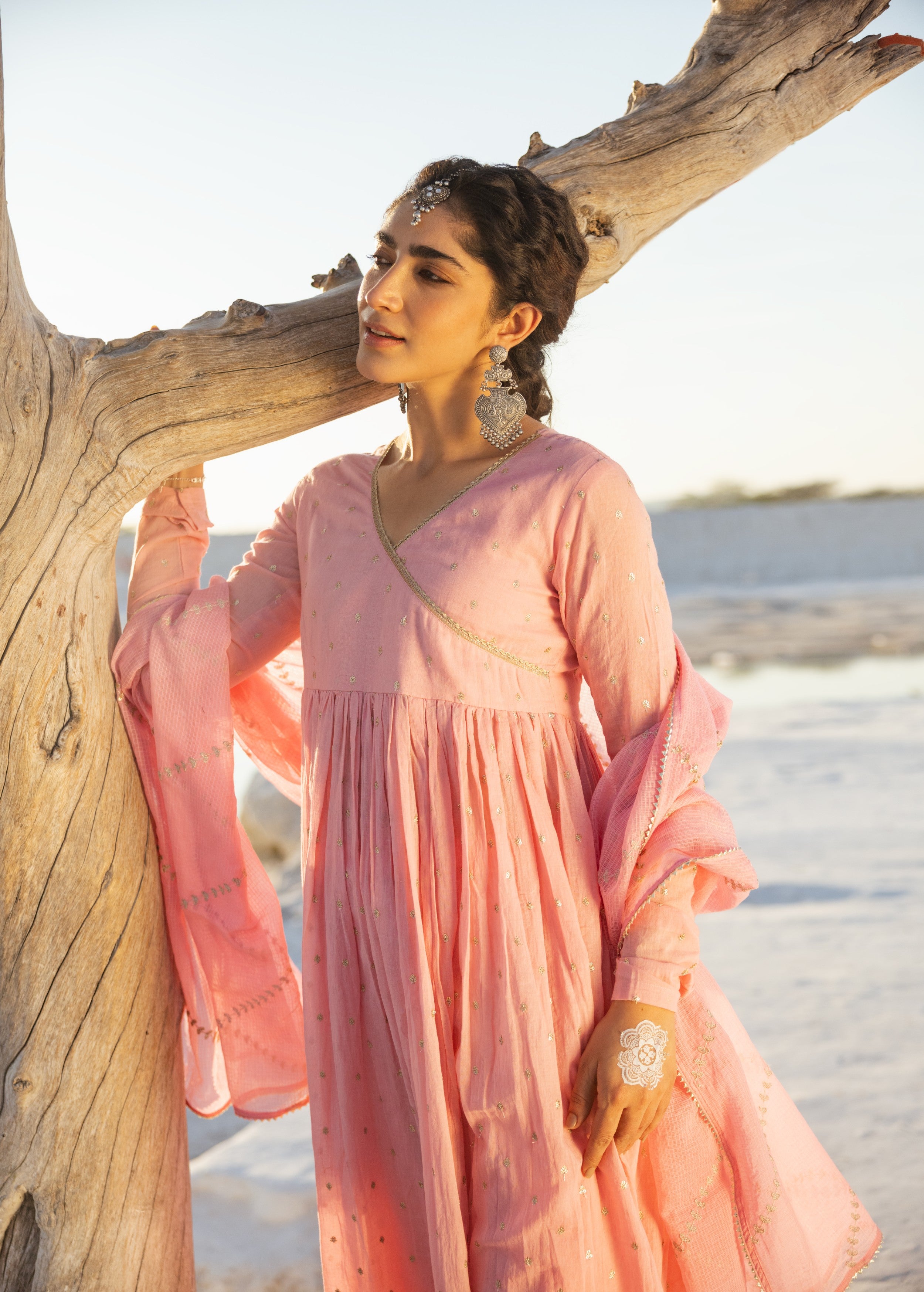 Rose Pink Embellished Mul Cotton Anarkali Set