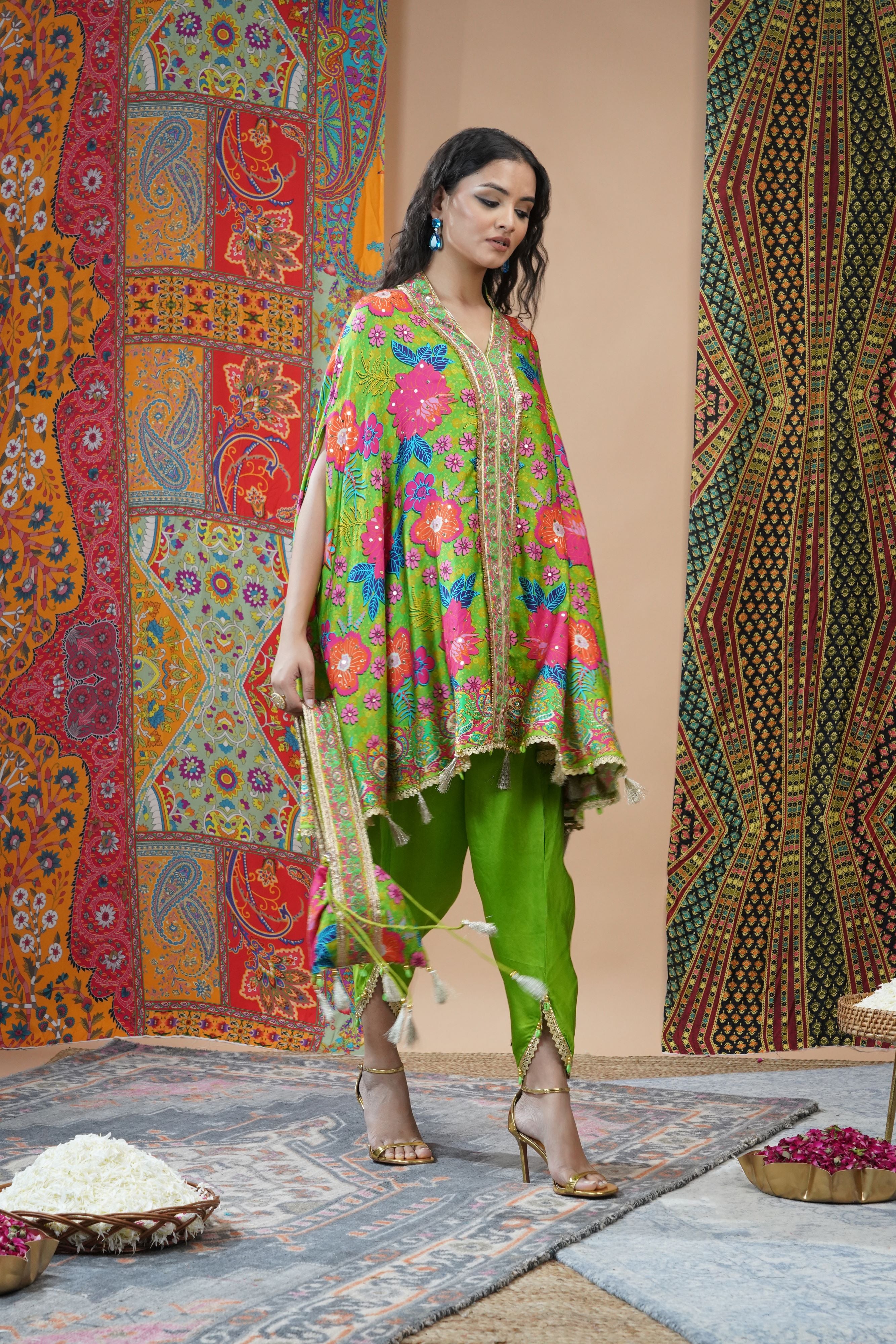 Light Green Floral Printed Crepe Silk Kaftan Set